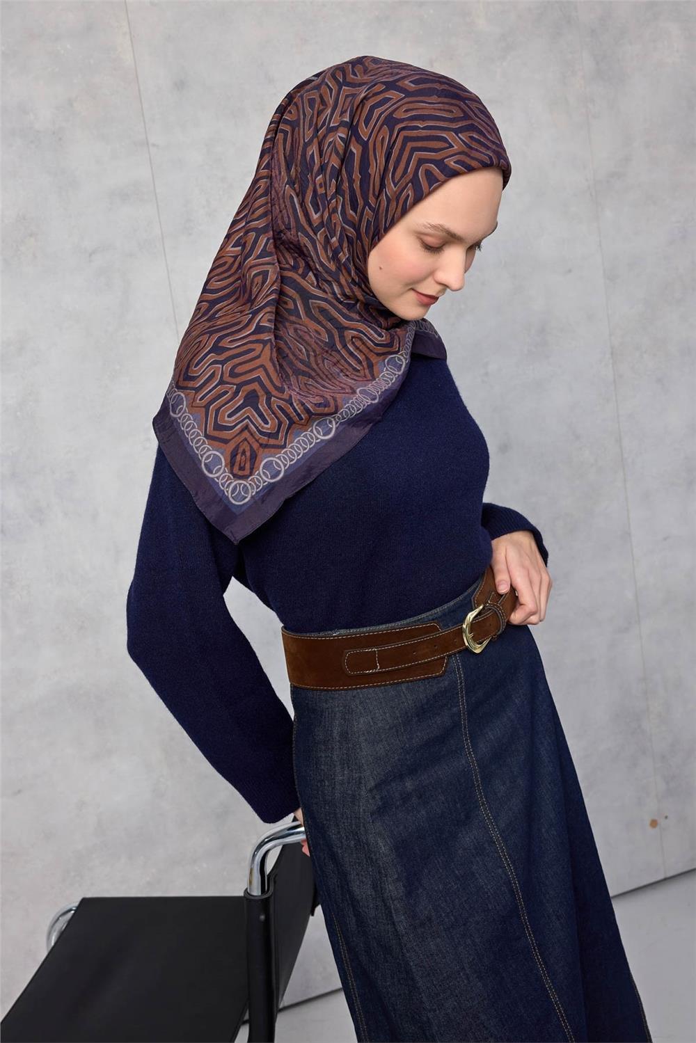 Viskon Velora Eşarp Dört Mevsim Zincir Desen Saks 90x90