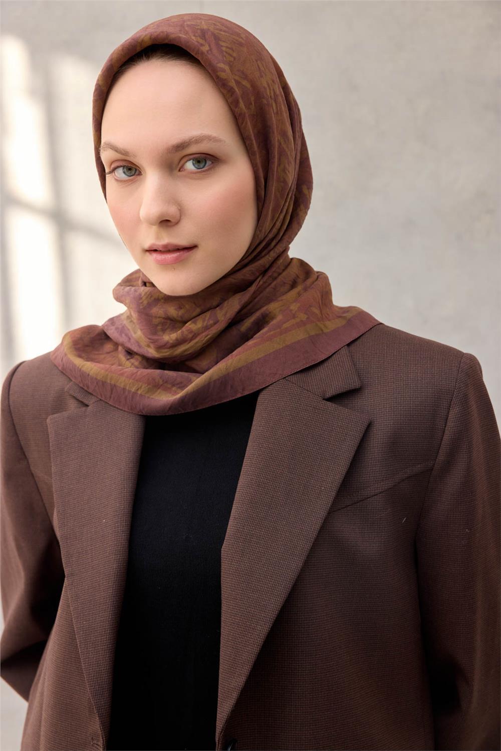 Viskon Velora Eşarp Dört Mevsim Karma Desen Çikolata Kahve 90x90