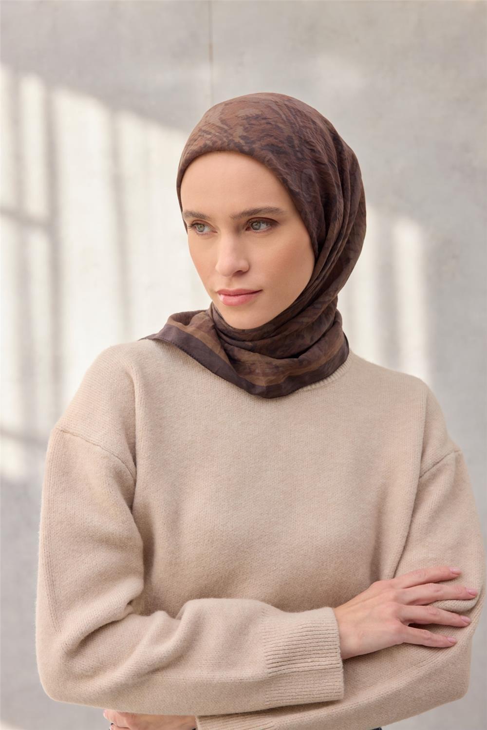 Viskon Velora Eşarp Dört Mevsim Karma Desen Kahverengi 90x90