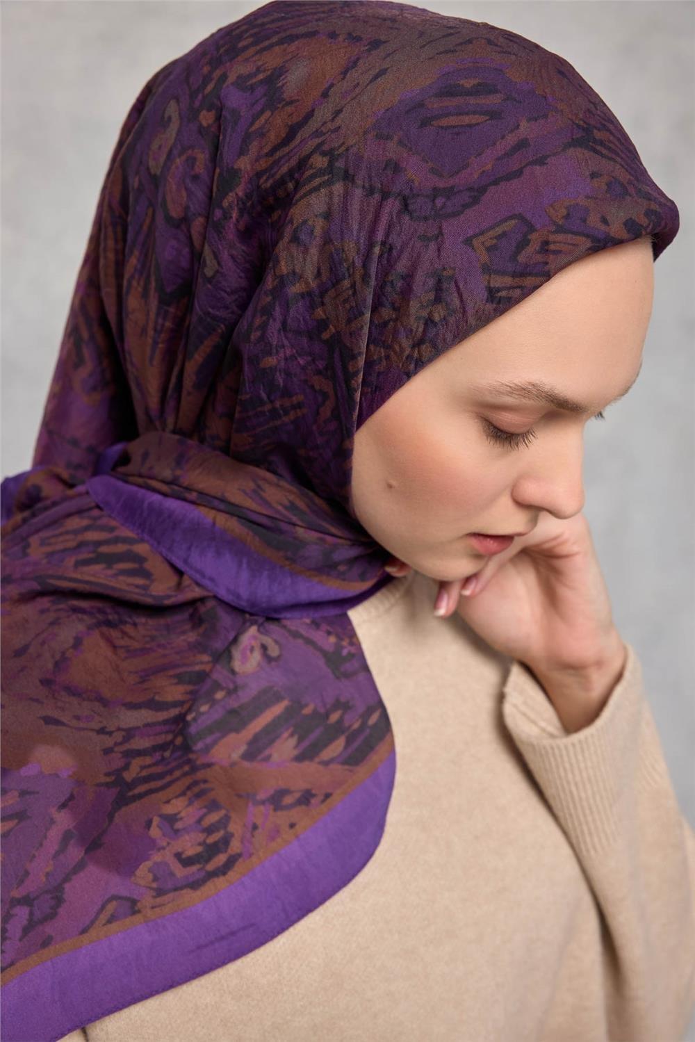 Viskon Velora Eşarp Dört Mevsim Karma Desen Mor 90x90