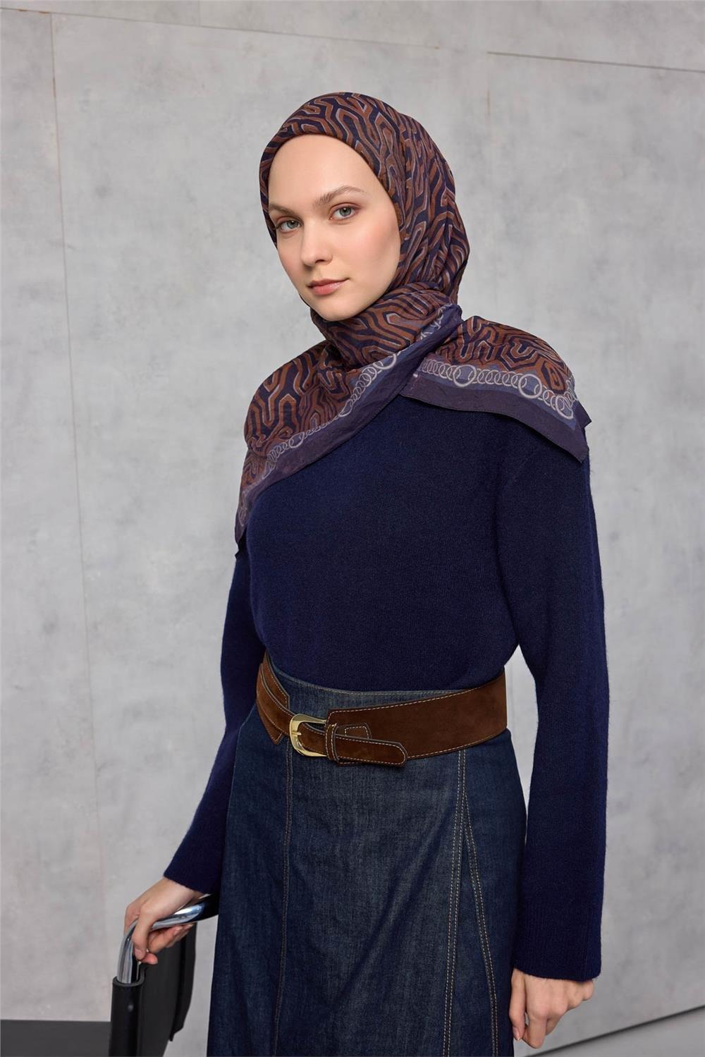 Viskon Velora Eşarp Dört Mevsim Zincir Desen Saks 90x90