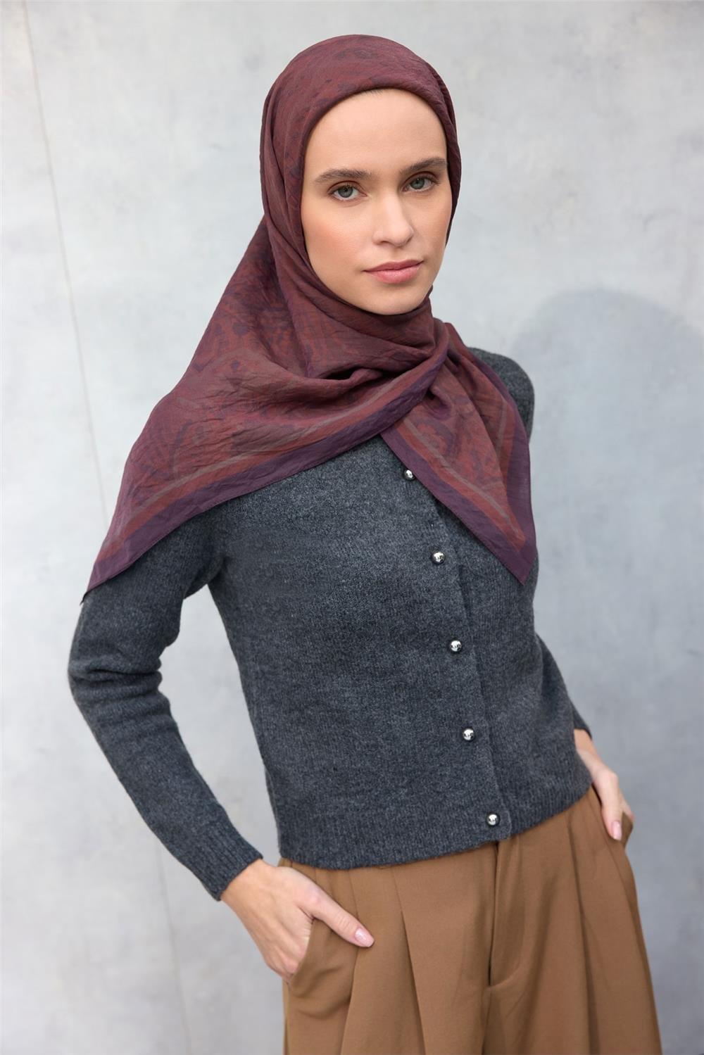 Viskon Velora Eşarp Dört Mevsim Karma Desen Kiremit 90x90