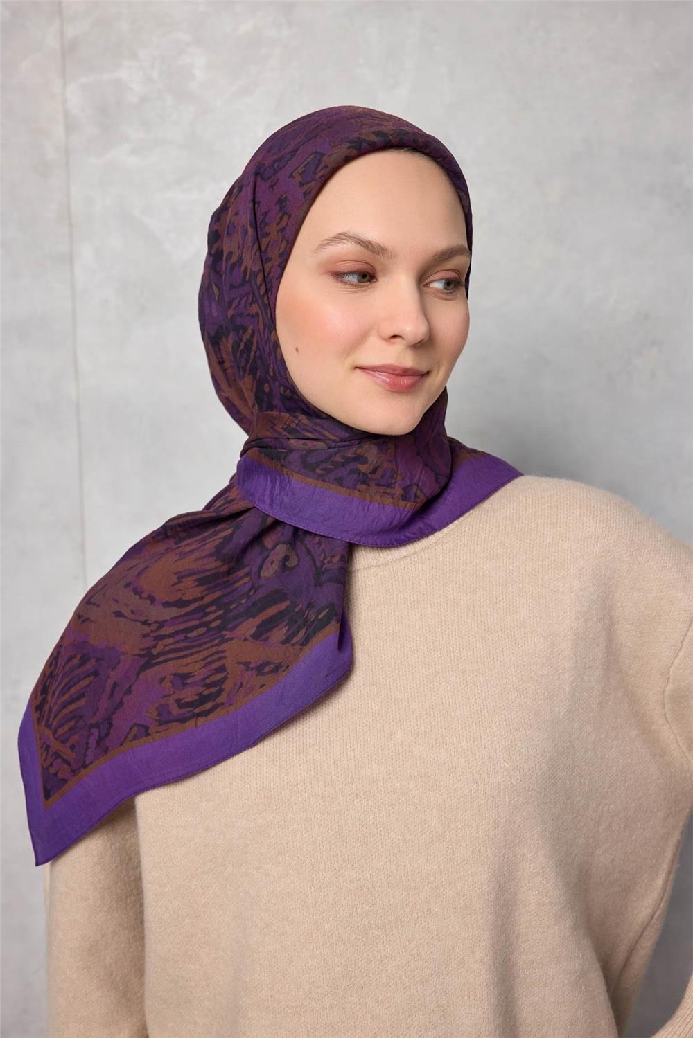 Viskon Velora Eşarp Dört Mevsim Karma Desen Mor 90x90
