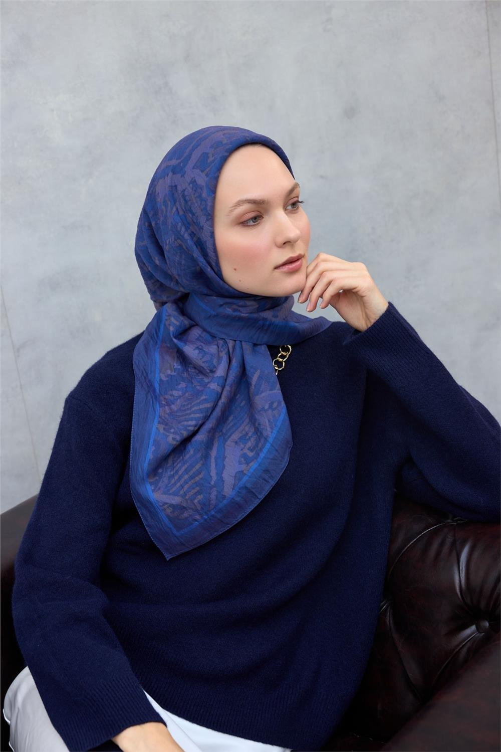 Viskon Velora Eşarp Dört Mevsim Karma Desen Mavi 90x90