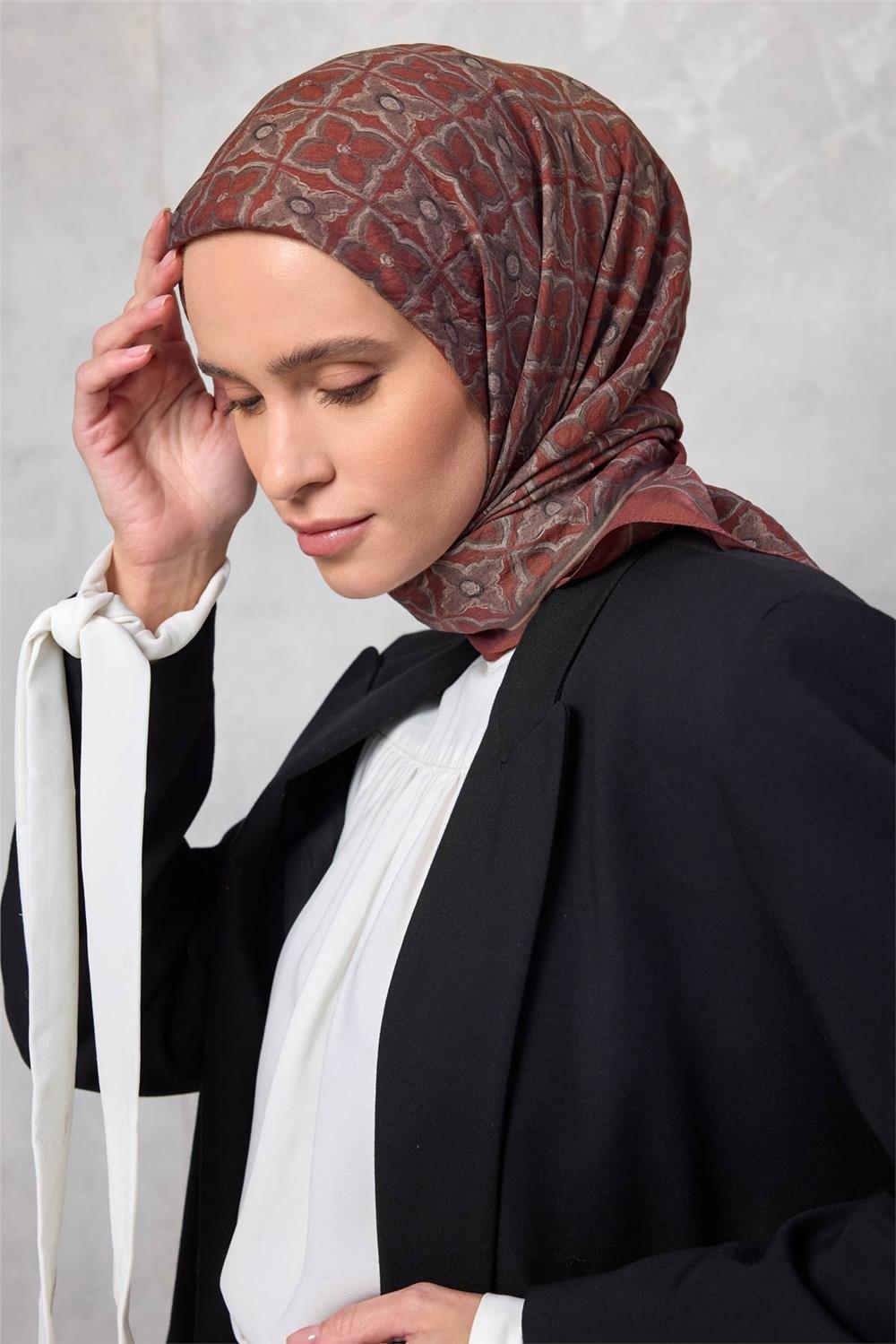 Viskon Velora Eşarp Yonca Desenli Kiremit Tonlu Tok Duruşlu 90x90