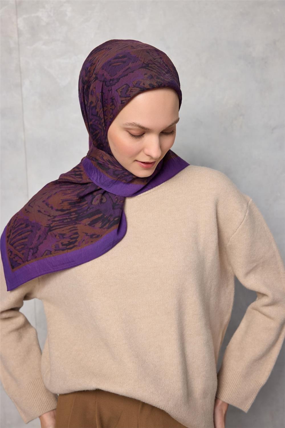 Viskon Velora Eşarp Dört Mevsim Karma Desen Mor 90x90