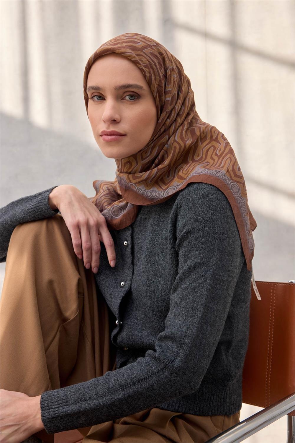 Viskon Velora Eşarp Dört Mevsim Zincir Desen Kiremit 90x90