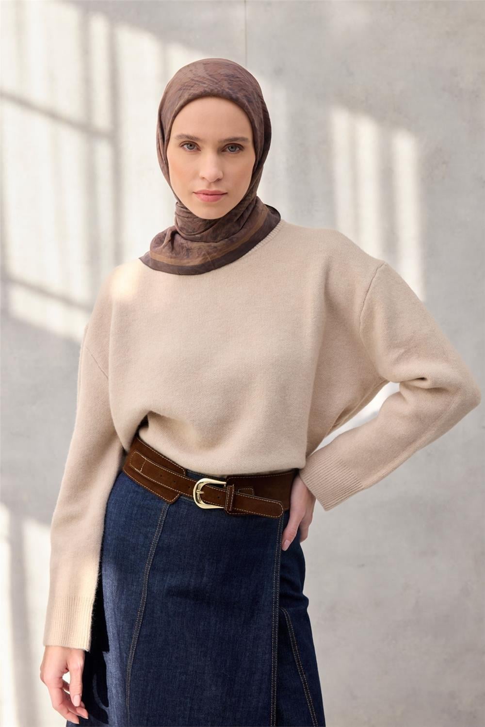 Viskon Velora Eşarp Dört Mevsim Karma Desen Kahverengi 90x90