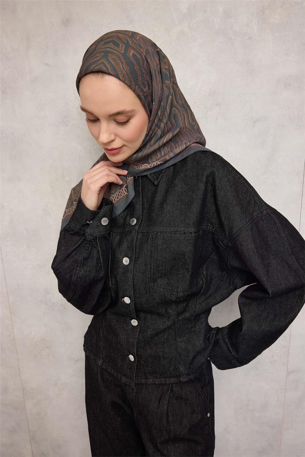 Viskon Velora Eşarp Dört Mevsim Zincir Desen Petrol Yeşili  90x90