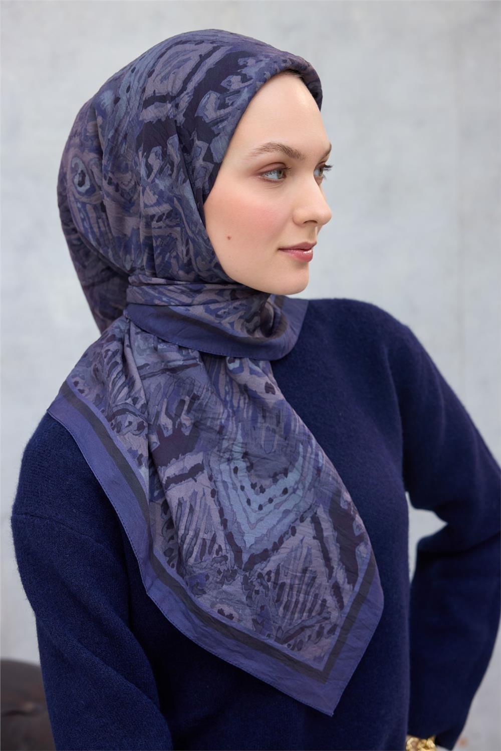 Viskon Velora Eşarp Dört Mevsim Karma Desen Koyu Mavi 90x90
