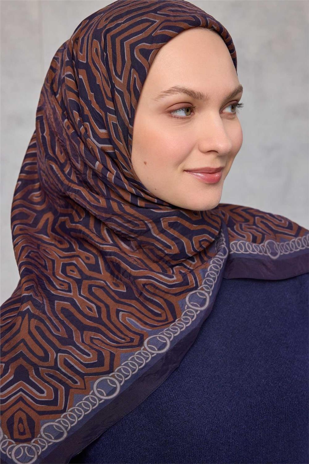 Viskon Velora Eşarp Dört Mevsim Zincir Desen Saks 90x90