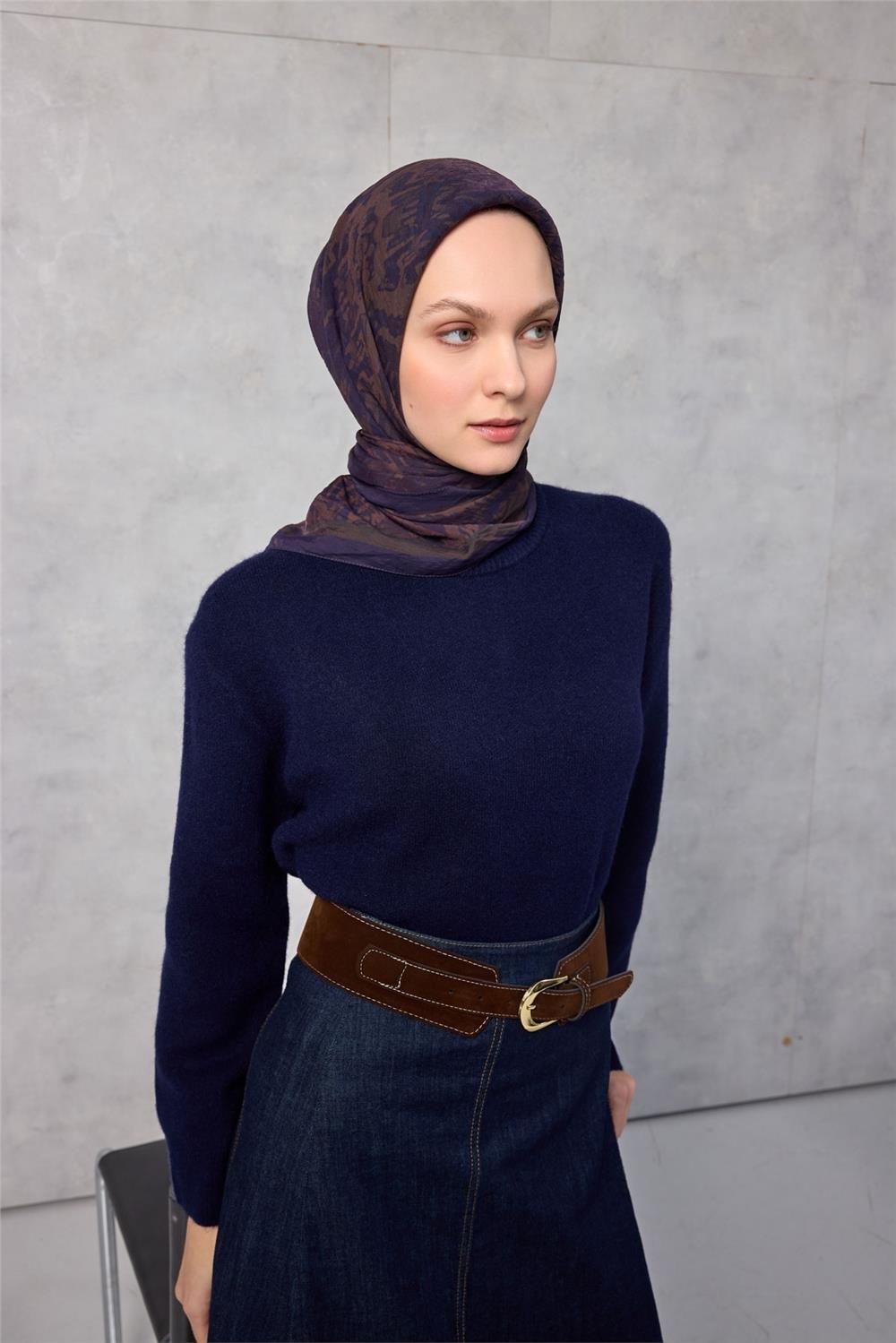 Viskon Velora Eşarp Dört Mevsim Karma Desen Patlıcan Moru 90x90