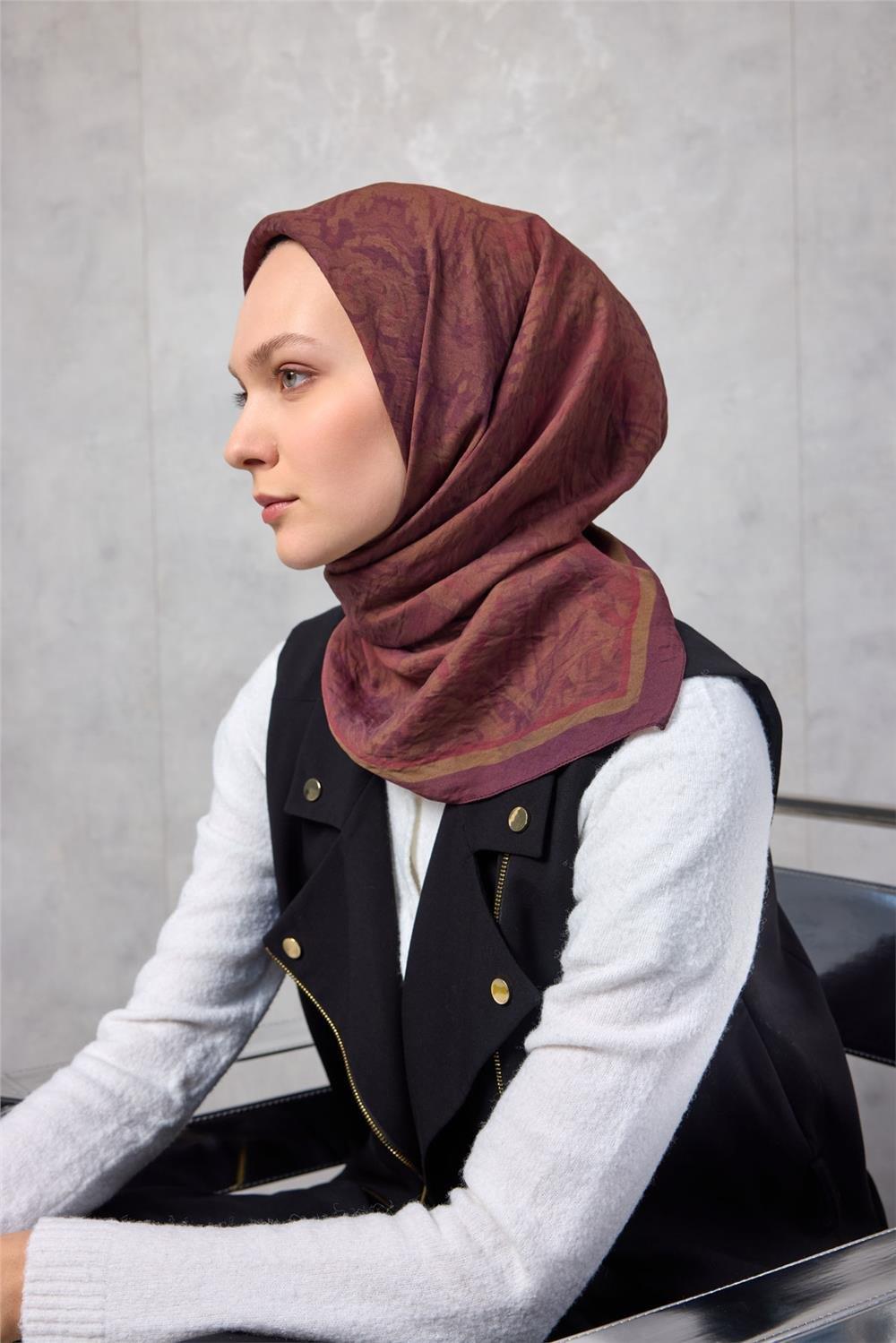 Viskon Velora Eşarp Dört Mevsim Karma Desen Vişne Mürdüm 90x90