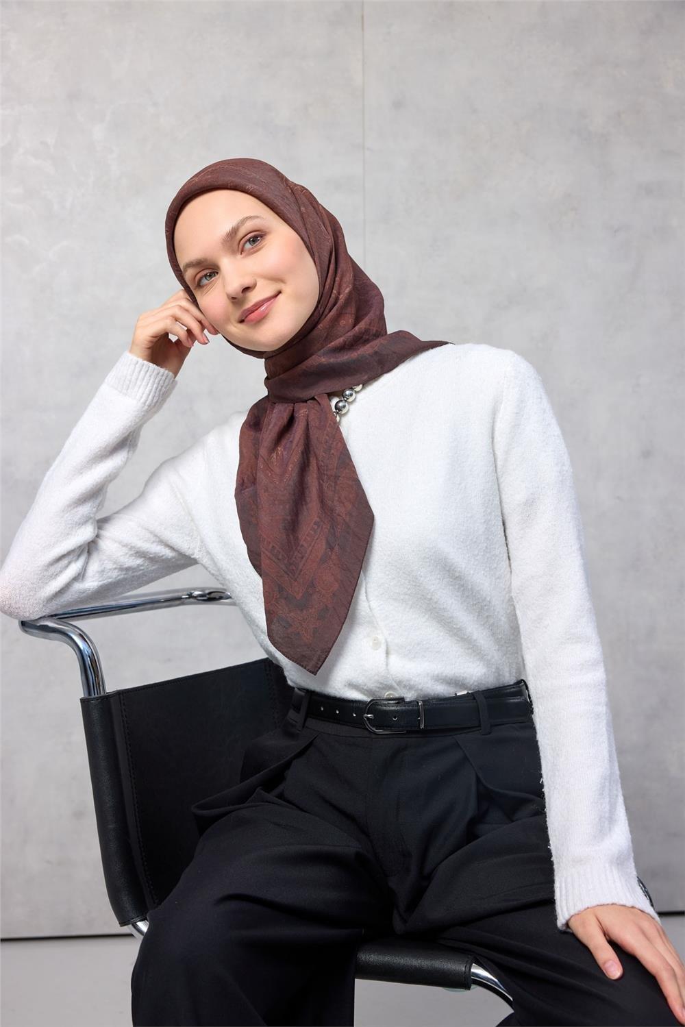 Viskon Velora Eşarp Dört Mevsim Mürdüm Kahve  90x90