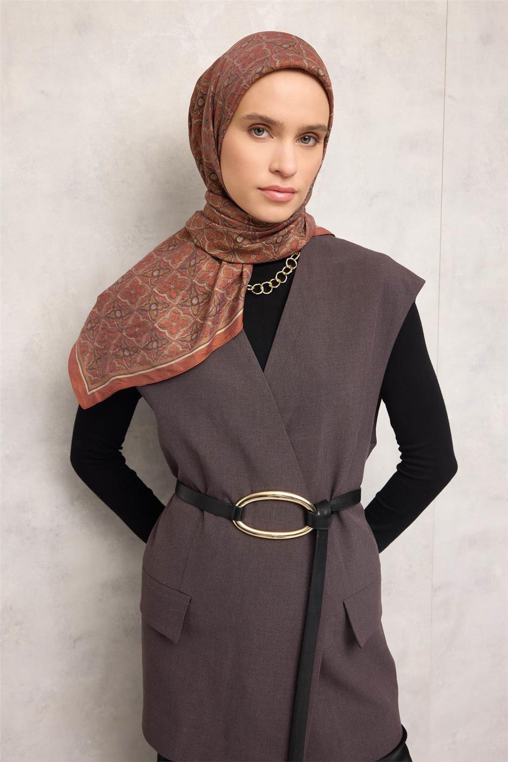 Viskon Velora Eşarp Kiremit Yonca Desenli Tok Duruşlu 90x90