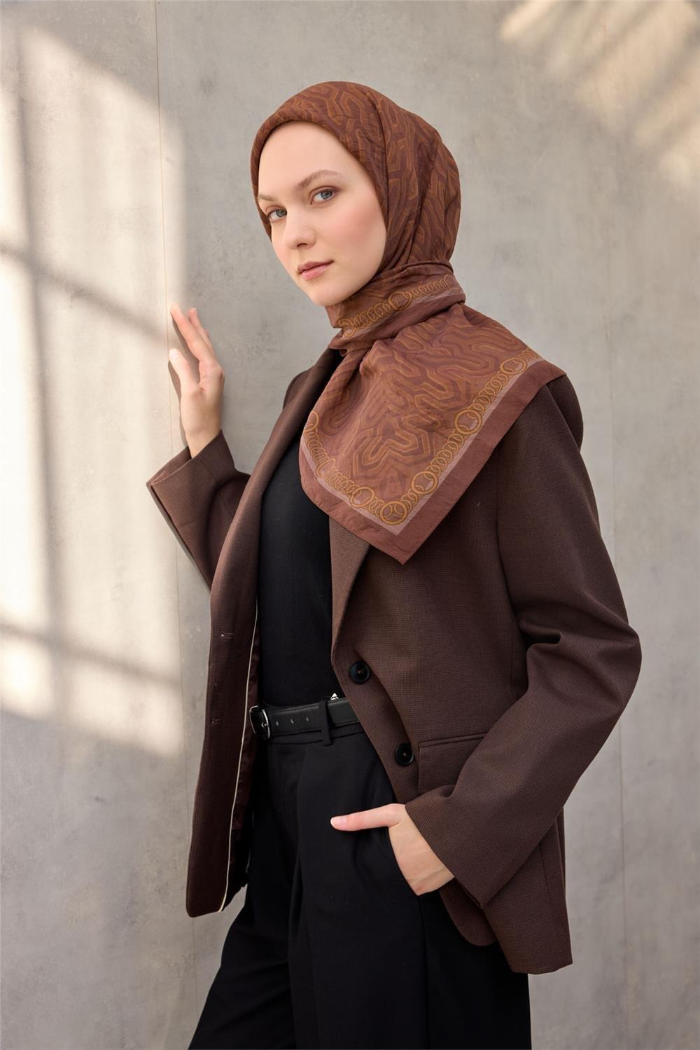 Viskon Velora Eşarp Dört Mevsim Zincir Desen Çikolata 90x90