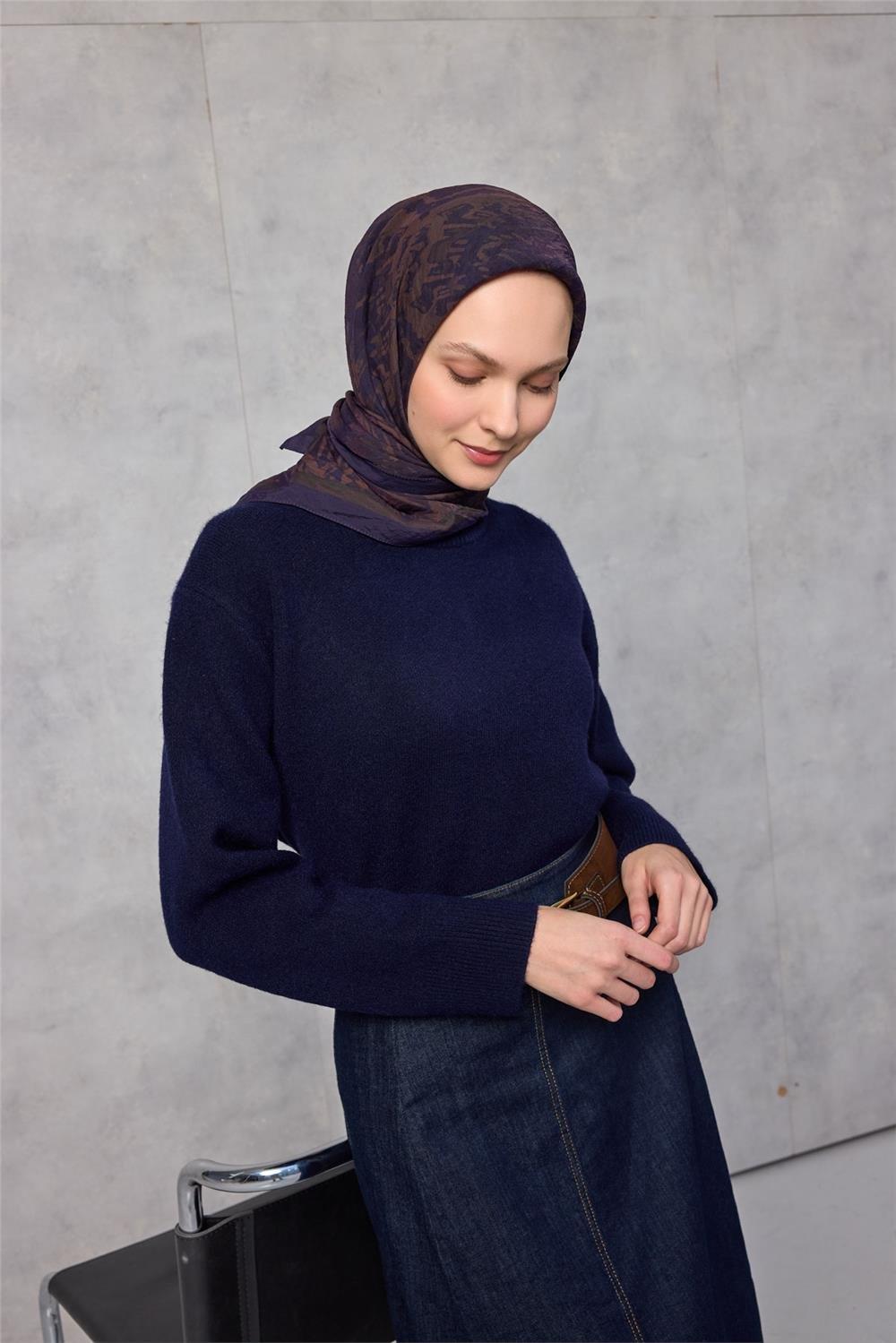 Viskon Velora Eşarp Dört Mevsim Karma Desen Patlıcan Moru 90x90