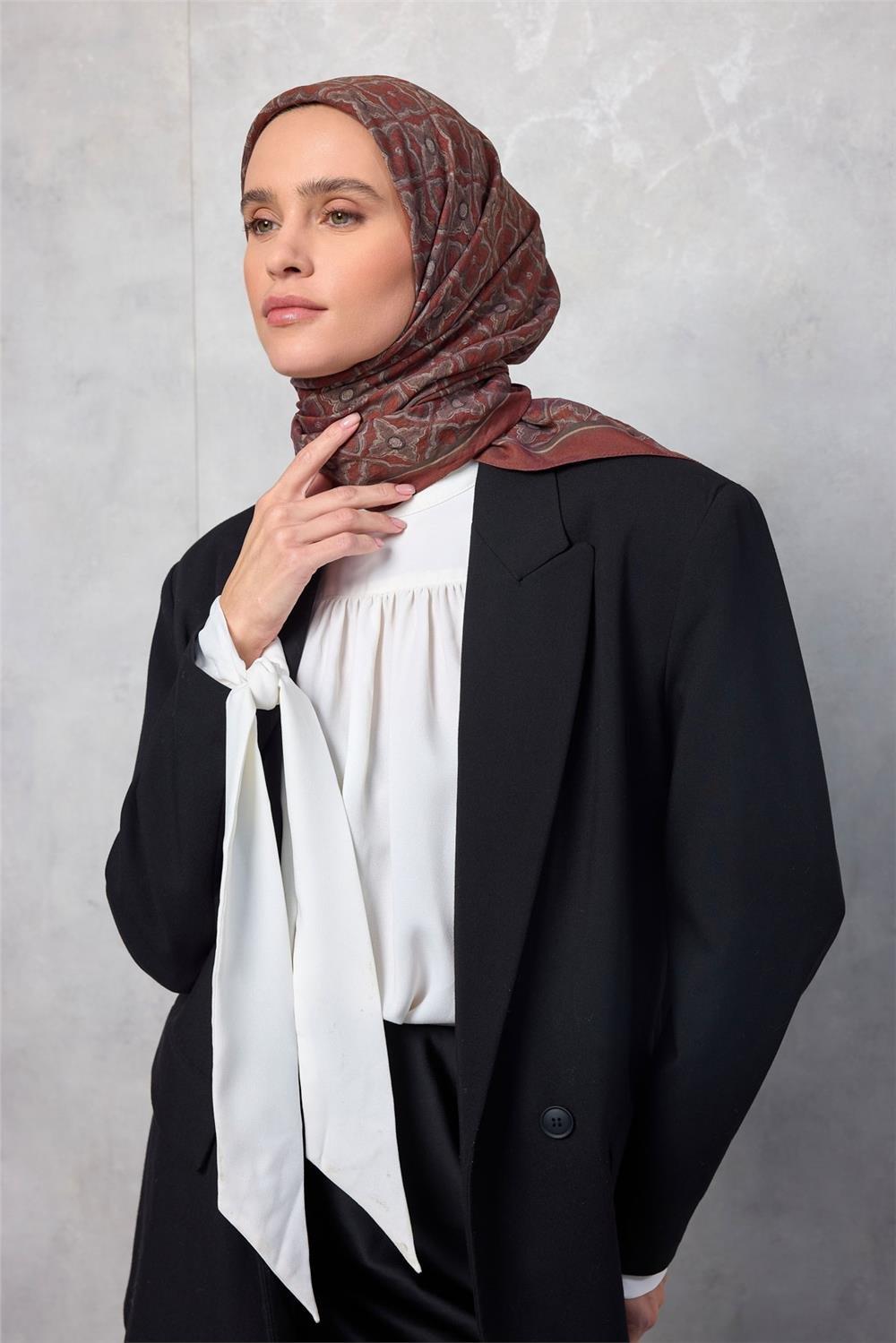 Viskon Velora Eşarp Yonca Desenli Kiremit Tonlu Tok Duruşlu 90x90