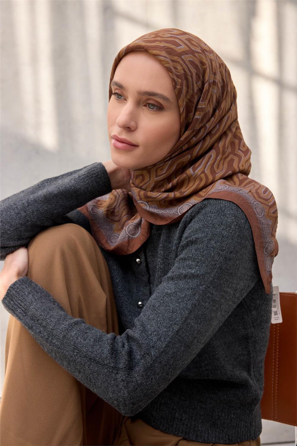 Viskon Velora Eşarp Dört Mevsim Zincir Desen Kiremit 90x90