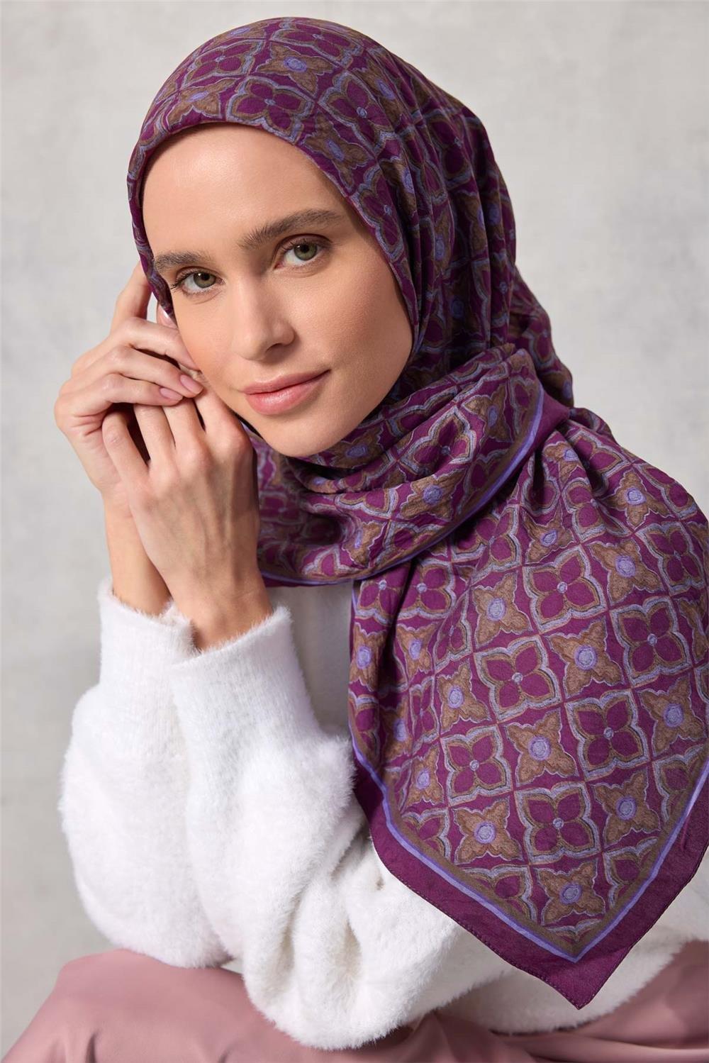 Viskon Velora Eşarp Yonca Desenli Canlı Mor Tok Duruşlu Dört Mevsim 90x90