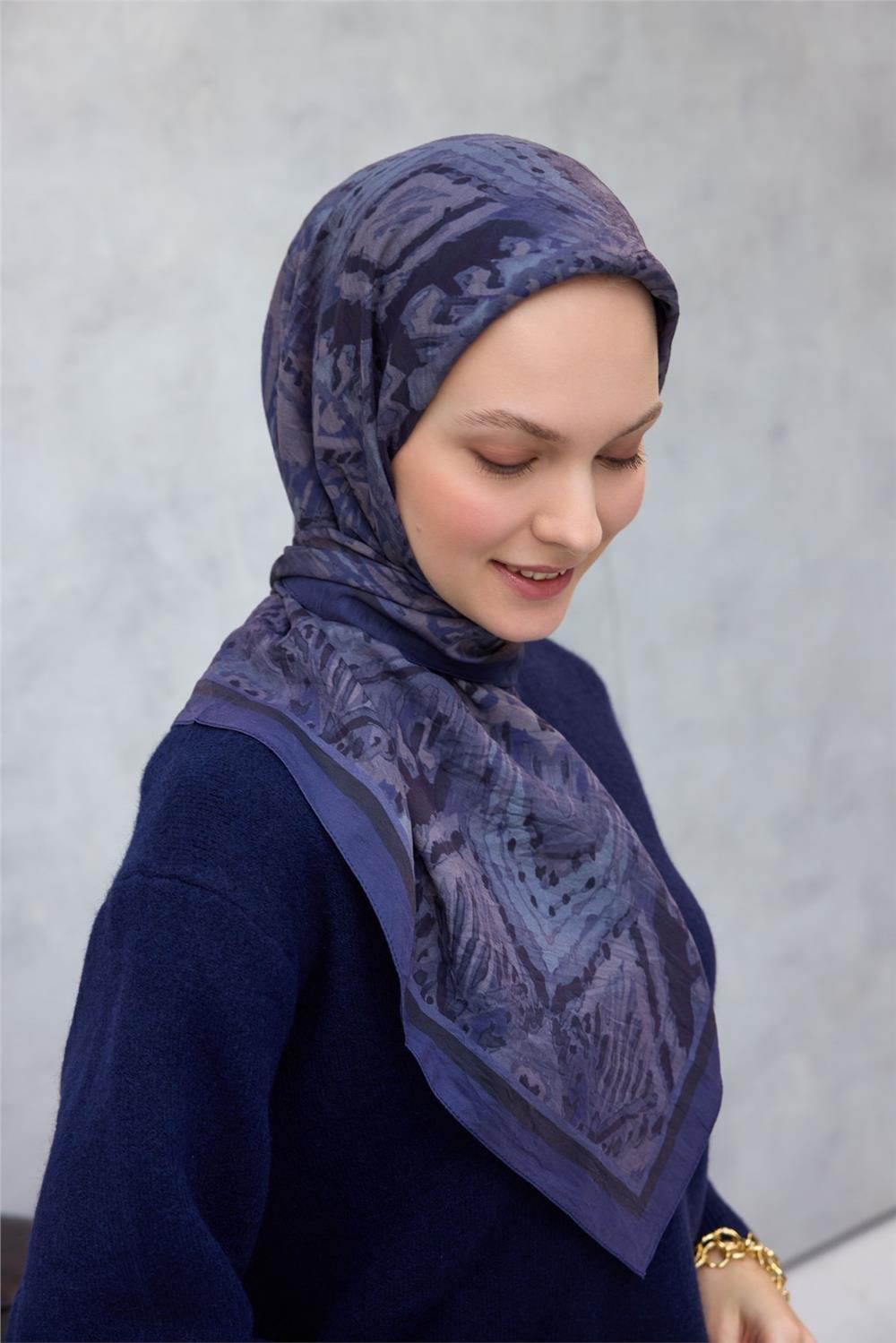 Viskon Velora Eşarp Dört Mevsim Karma Desen Koyu Mavi 90x90