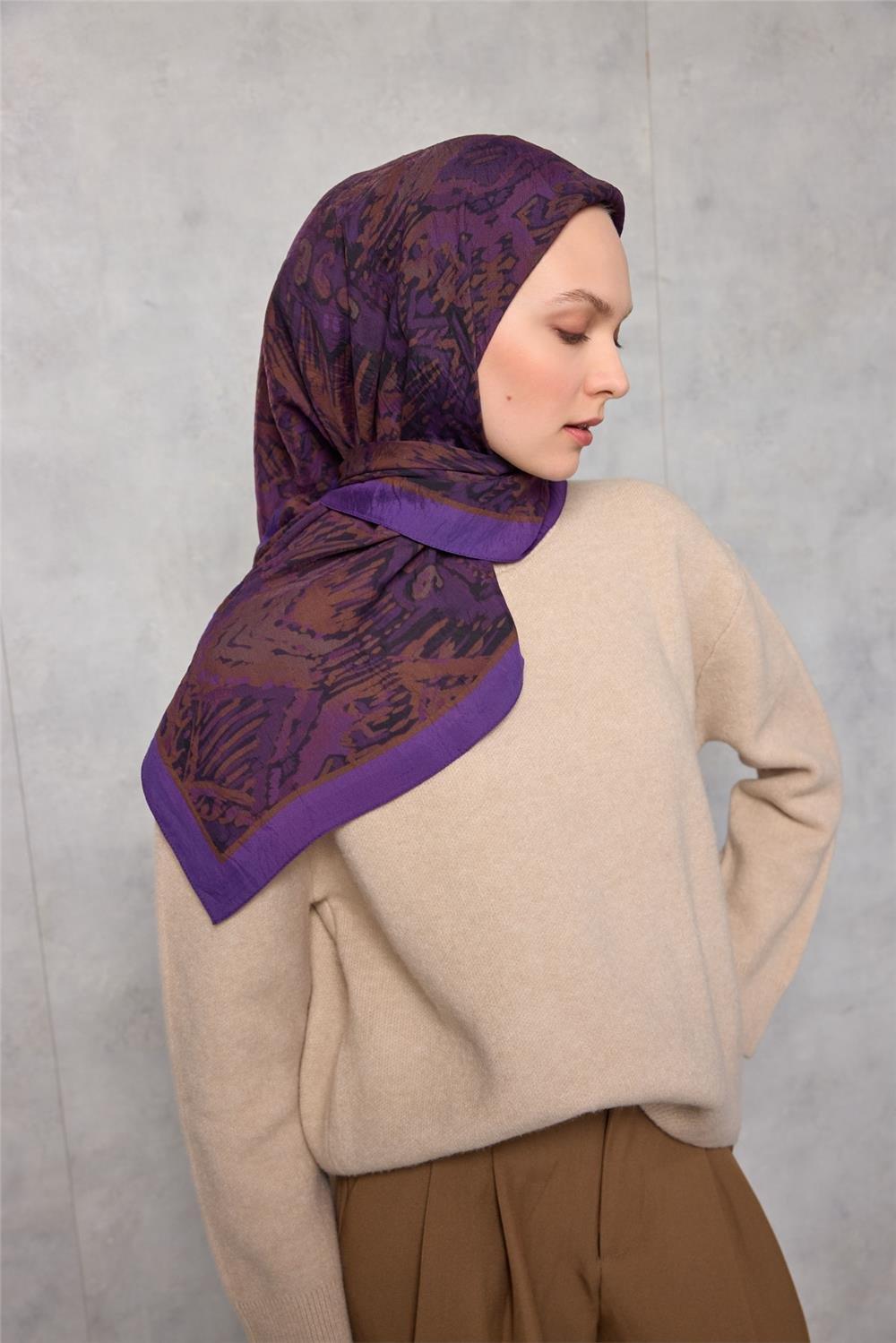 Viskon Velora Eşarp Dört Mevsim Karma Desen Mor 90x90