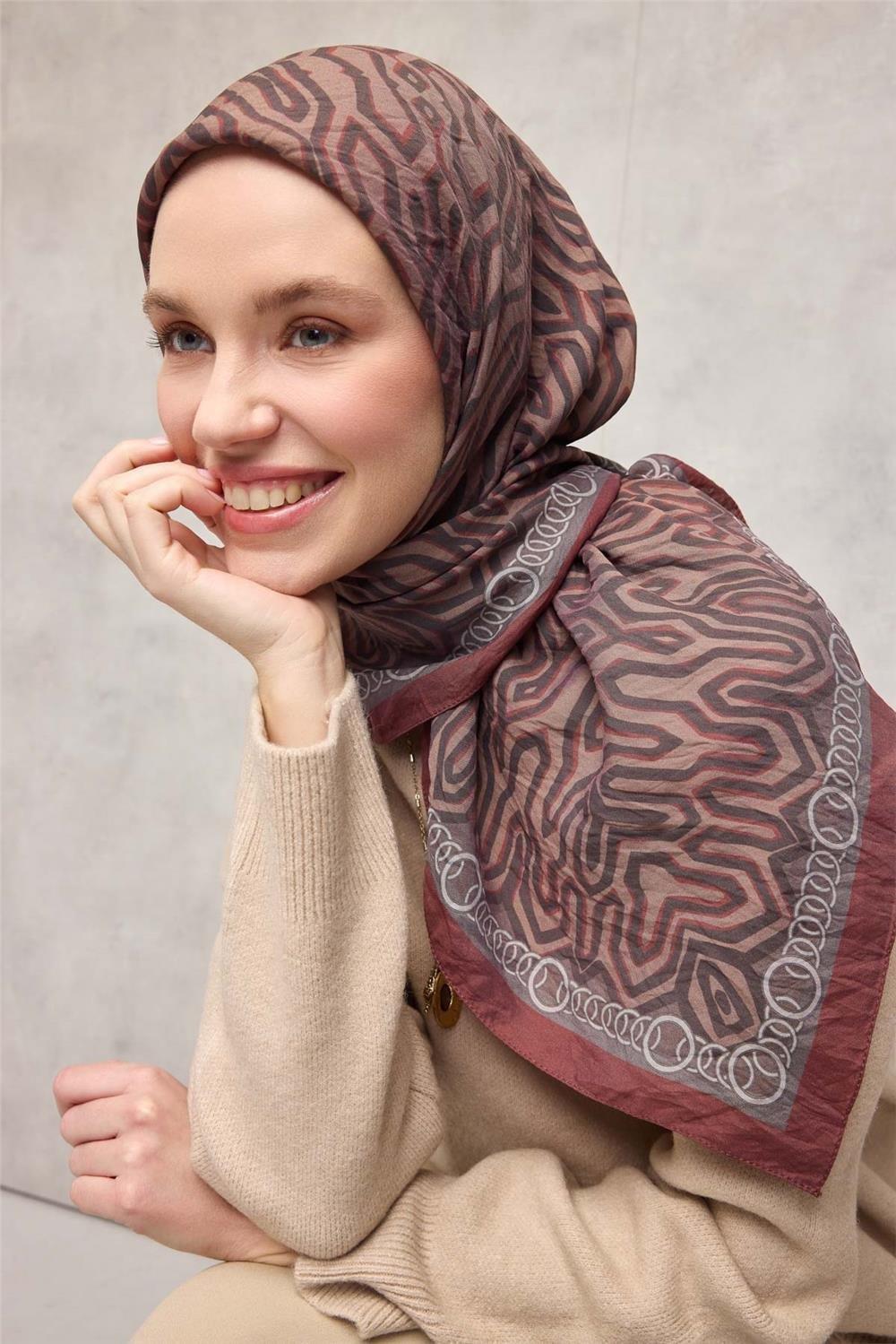 Viskon Velora Eşarp Dört Mevsim Zincir Desen Bej 90x90