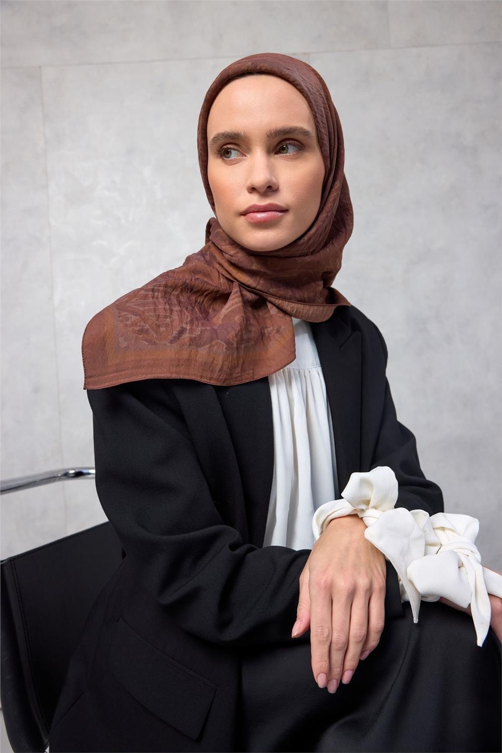 Viskon Velora Eşarp Dört Mevsim Karma Desen Tarçın 90x90