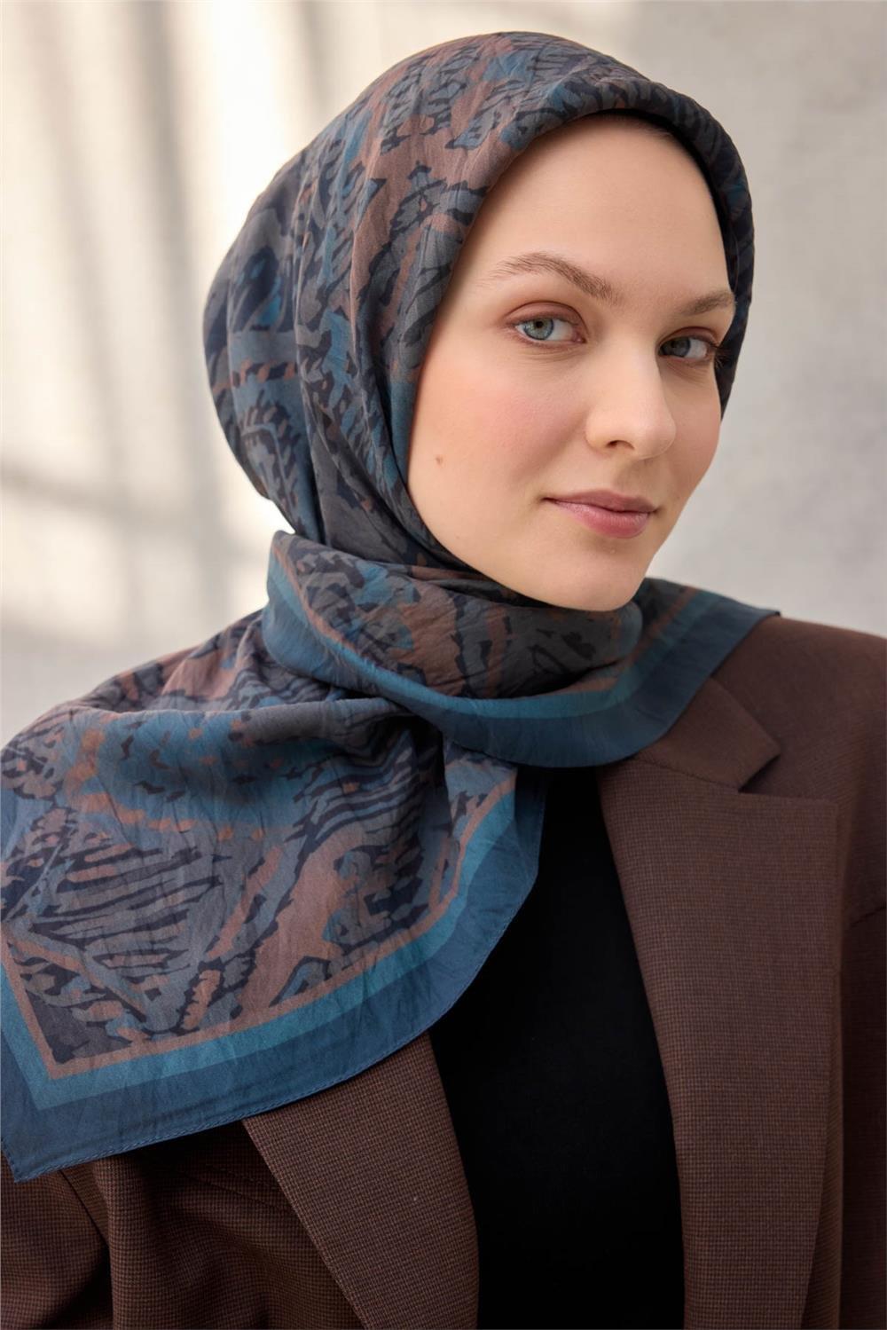 Viskon Velora Eşarp Dört Mevsim Karma Desen Indigo 90x90