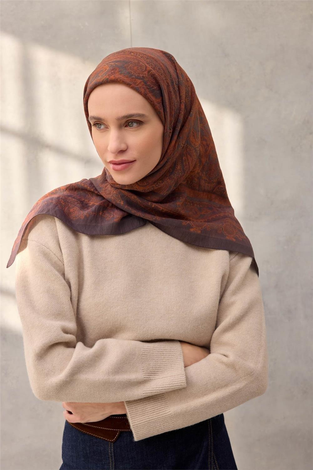 Viskon Velora Eşarp Dört Mevsim Koyu Kahve 90x90