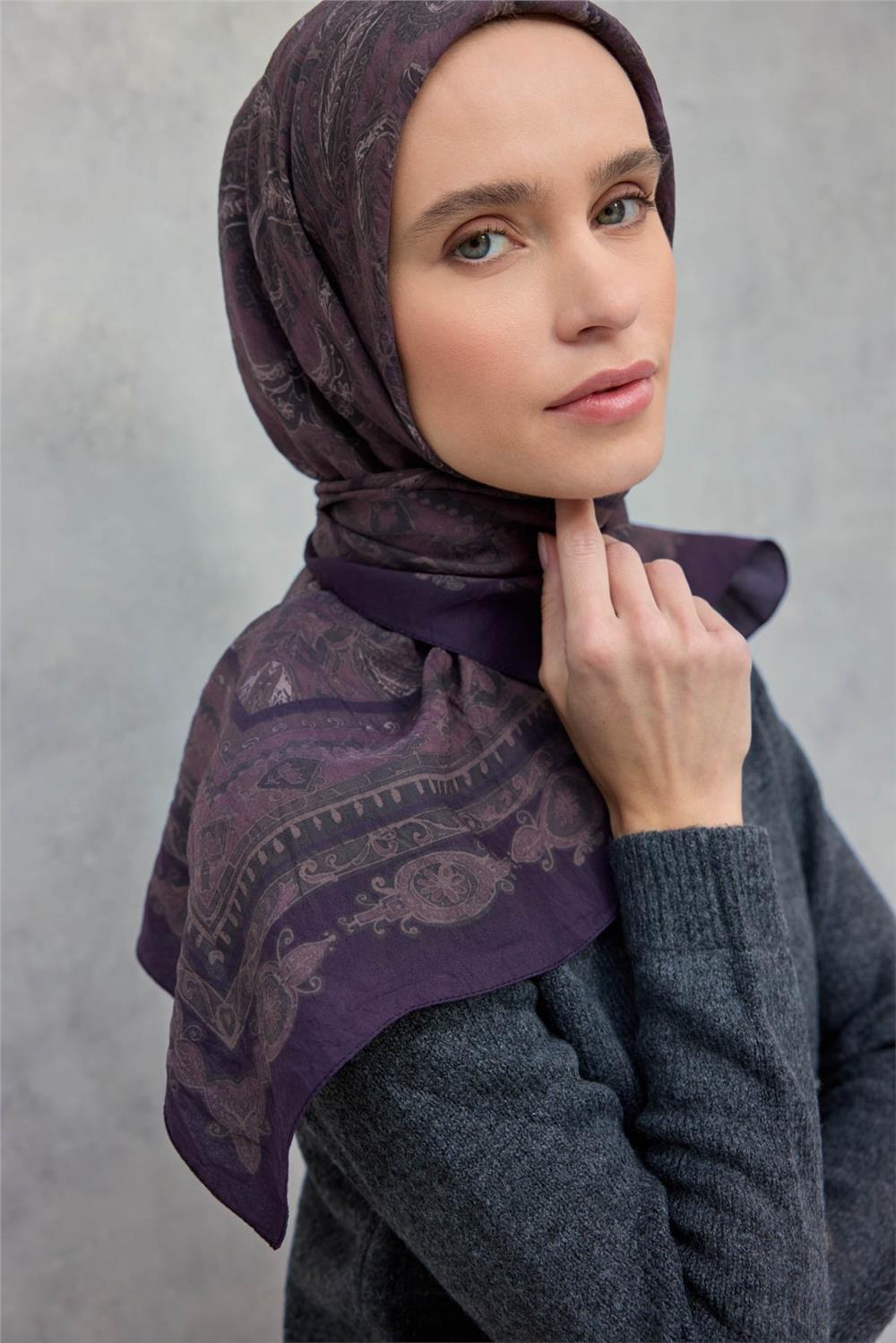 Viskon Velora Eşarp Dört Mevsim Koyu Mürdüm 90x90