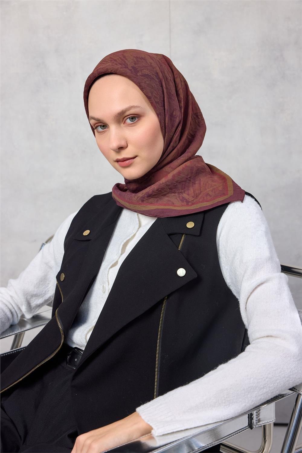 Viskon Velora Eşarp Dört Mevsim Karma Desen Vişne Mürdüm 90x90