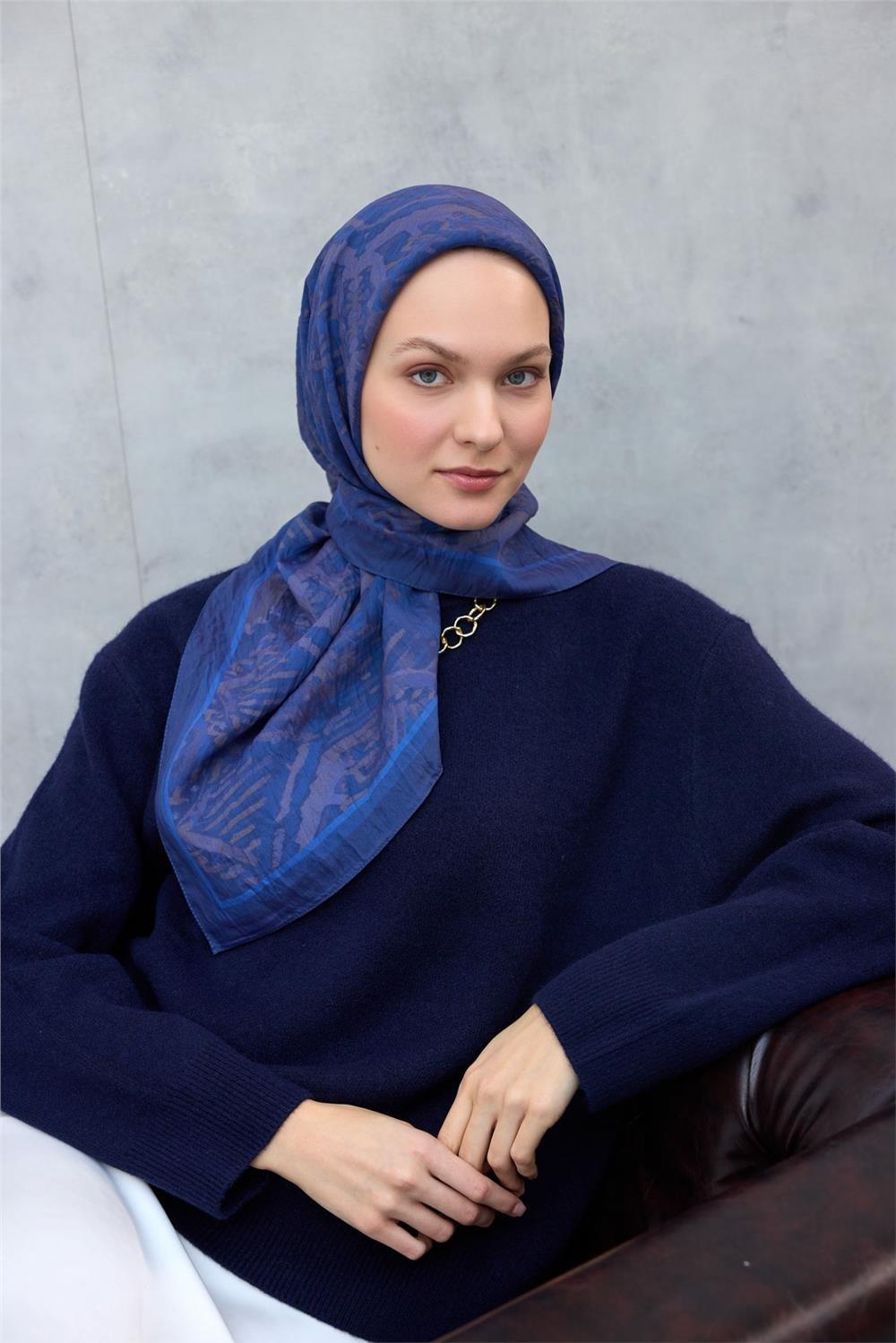 Viskon Velora Eşarp Dört Mevsim Karma Desen Mavi 90x90