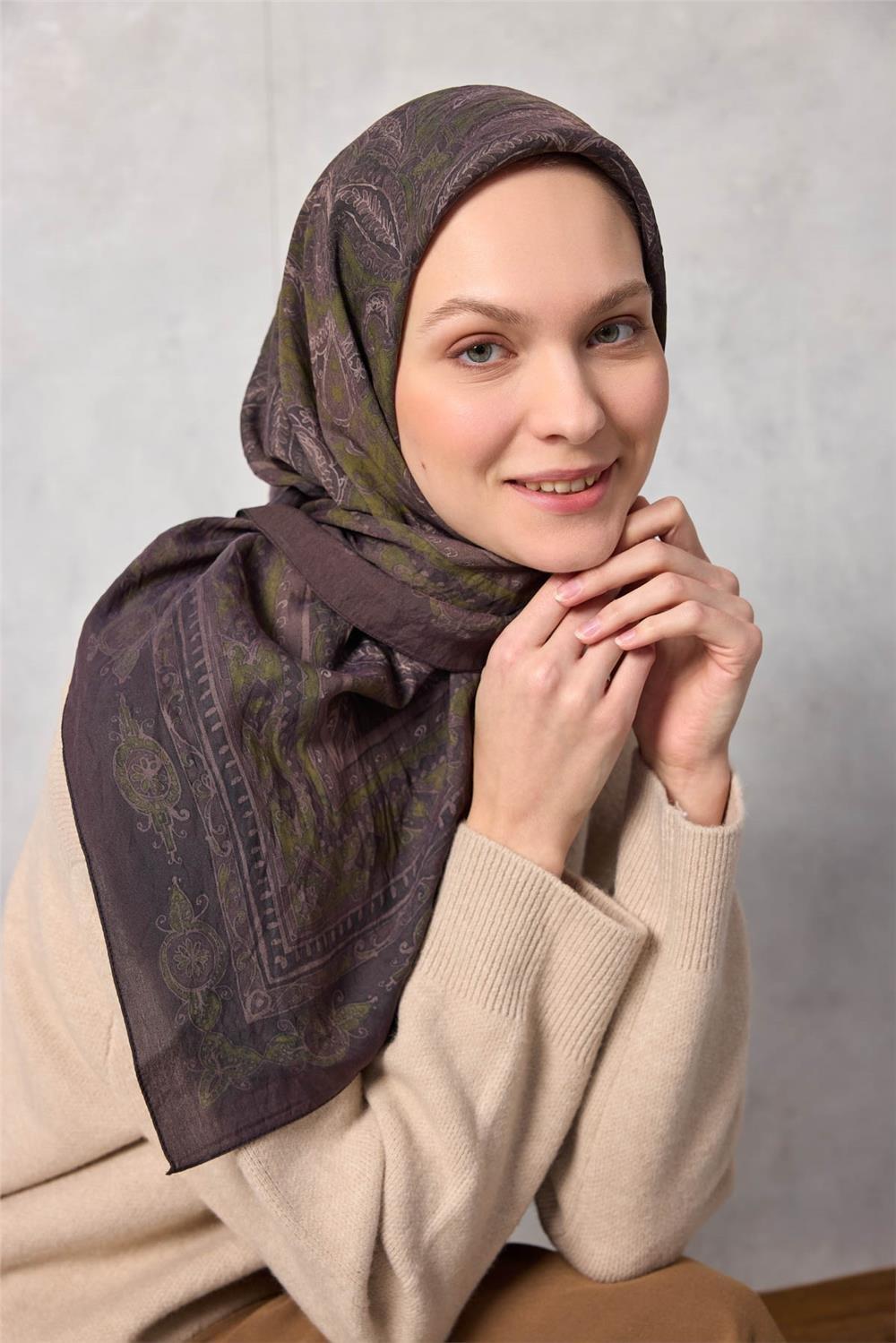 Viskon Velora Eşarp Dört Mevsim Koyu Kahverengi 90x90