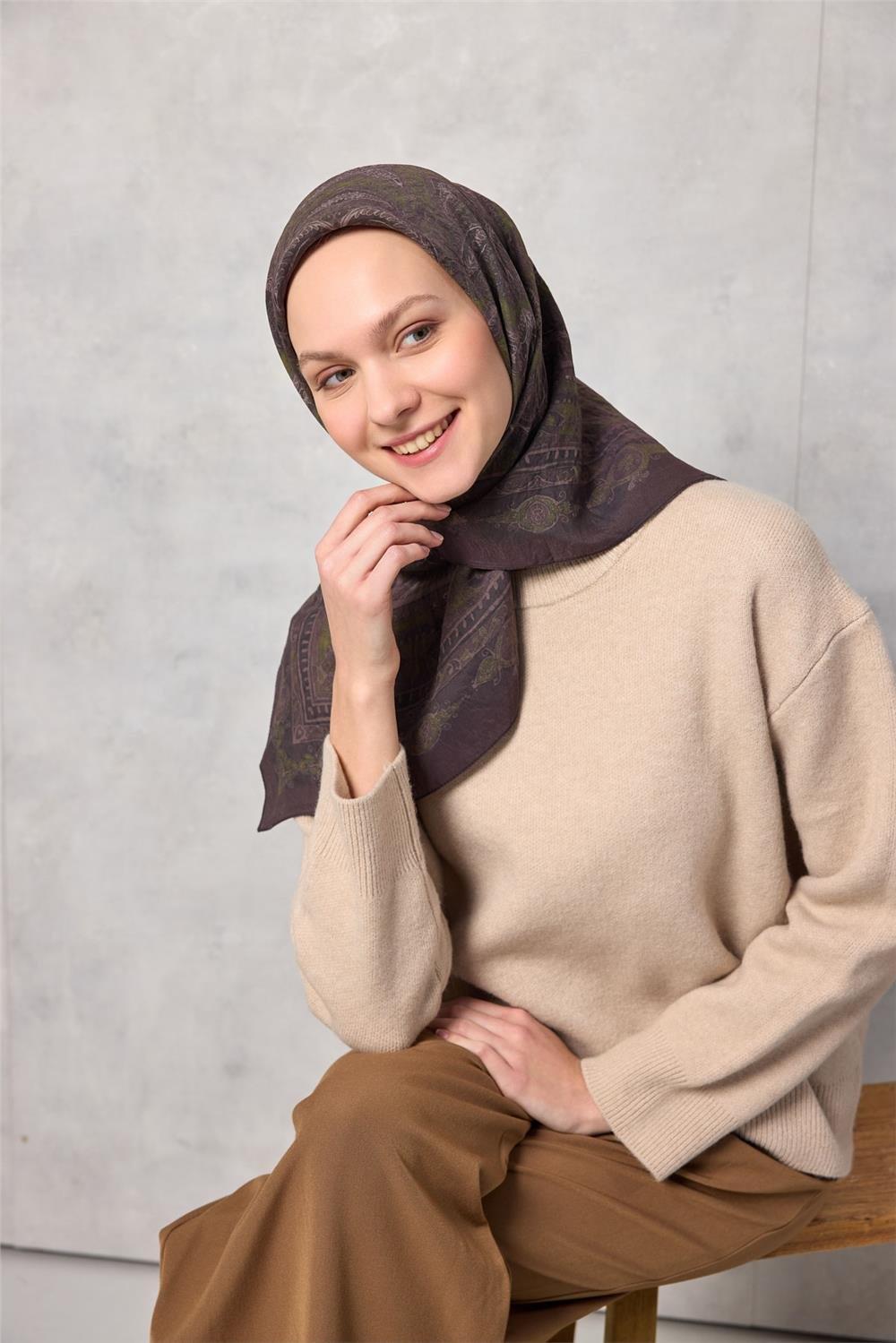 Viskon Velora Eşarp Dört Mevsim Koyu Kahverengi 90x90