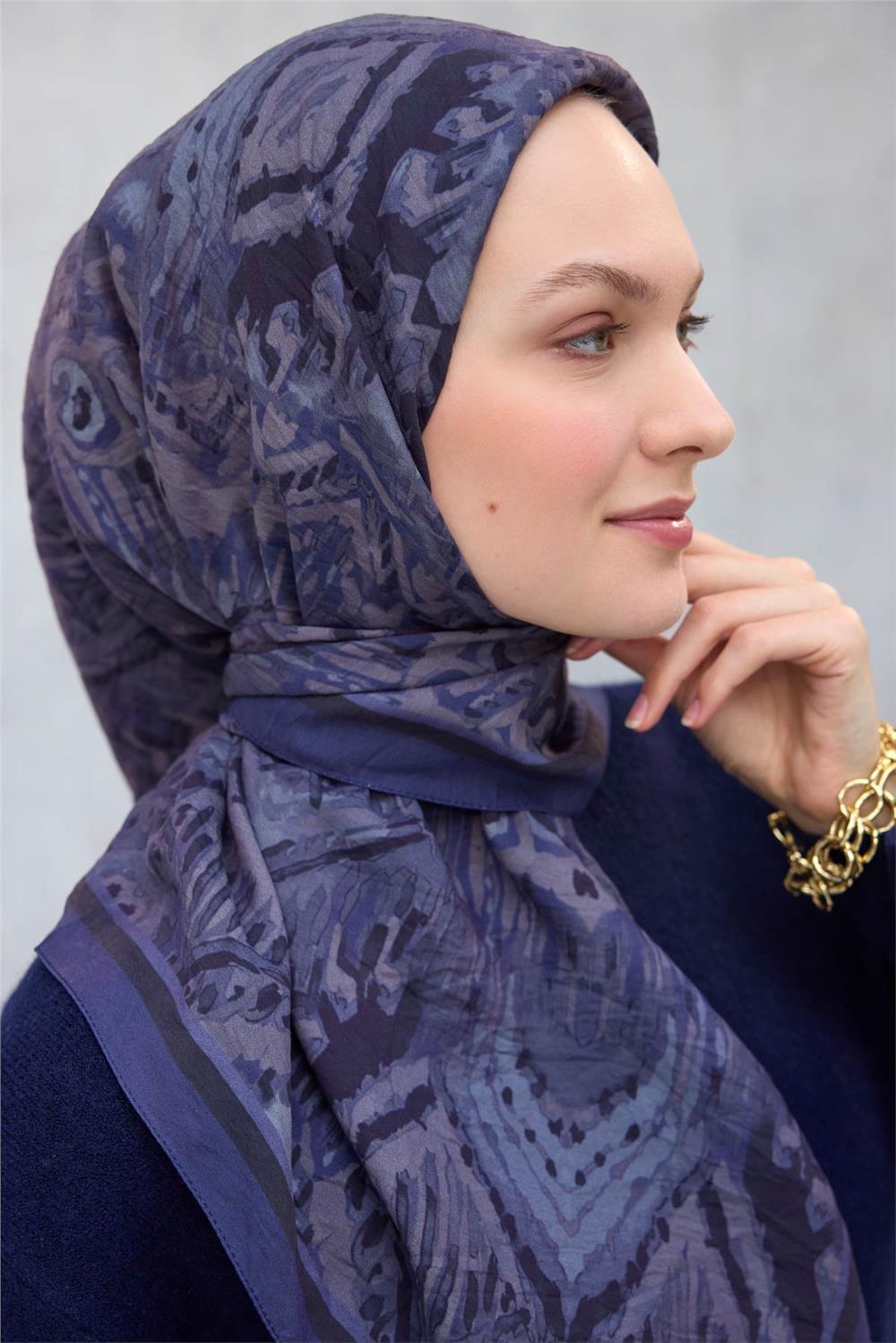 Viskon Velora Eşarp Dört Mevsim Karma Desen Koyu Mavi 90x90