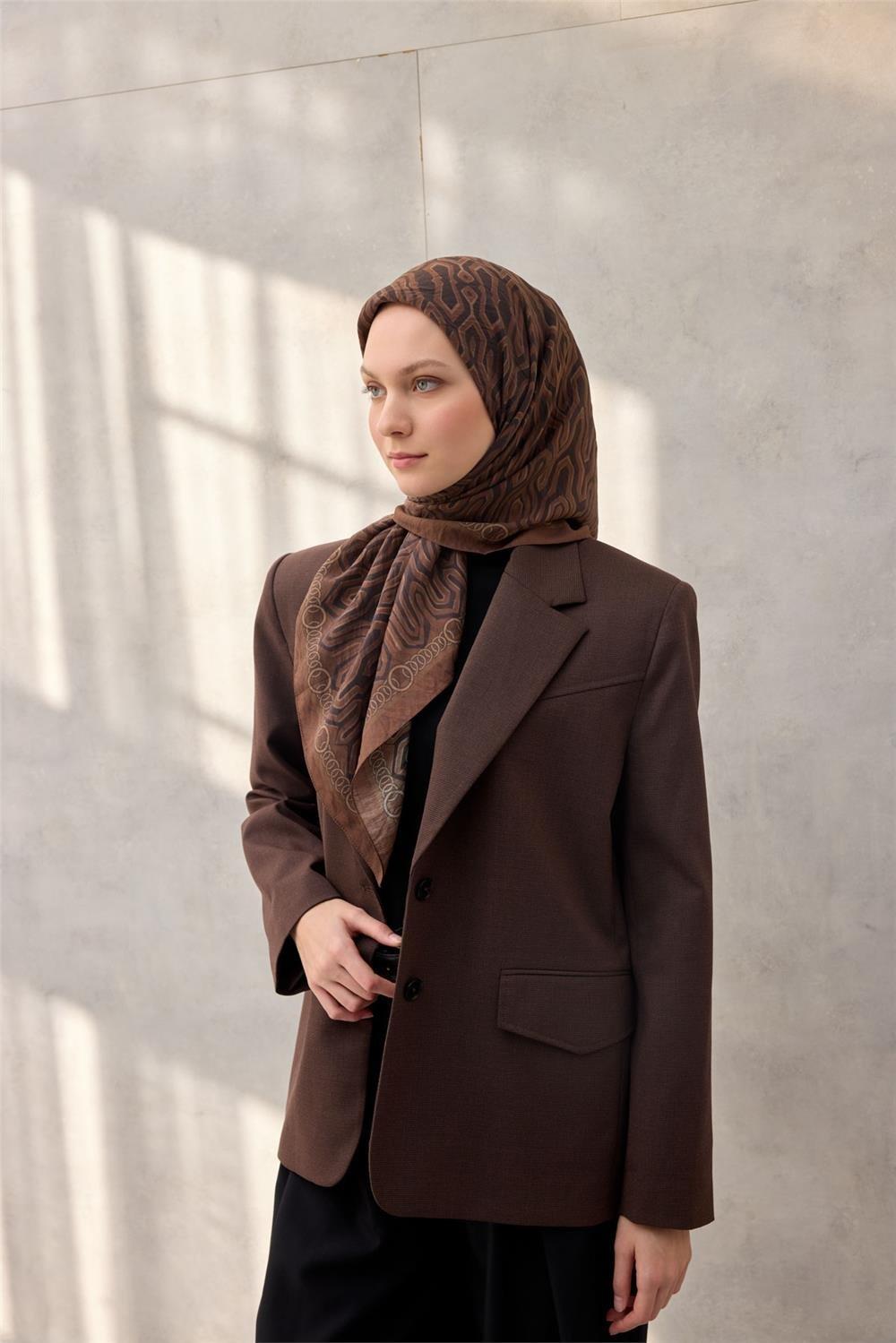 Viskon Velora Eşarp Dört Mevsim Zincir Desen Koyu Tarçın 90x90