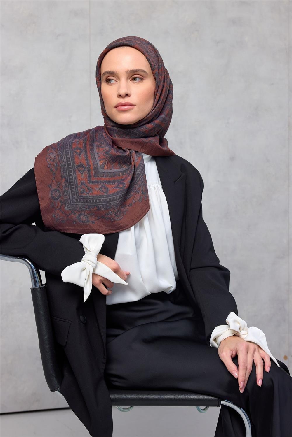 Viskon Velora Eşarp Dört Mevsim Kahverengi 90x90