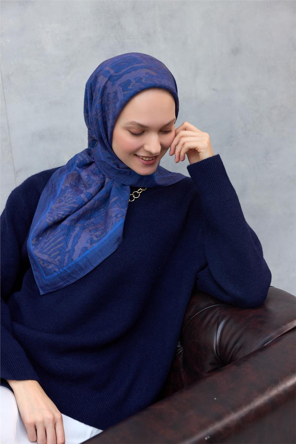 Viskon Velora Eşarp Dört Mevsim Karma Desen Mavi 90x90