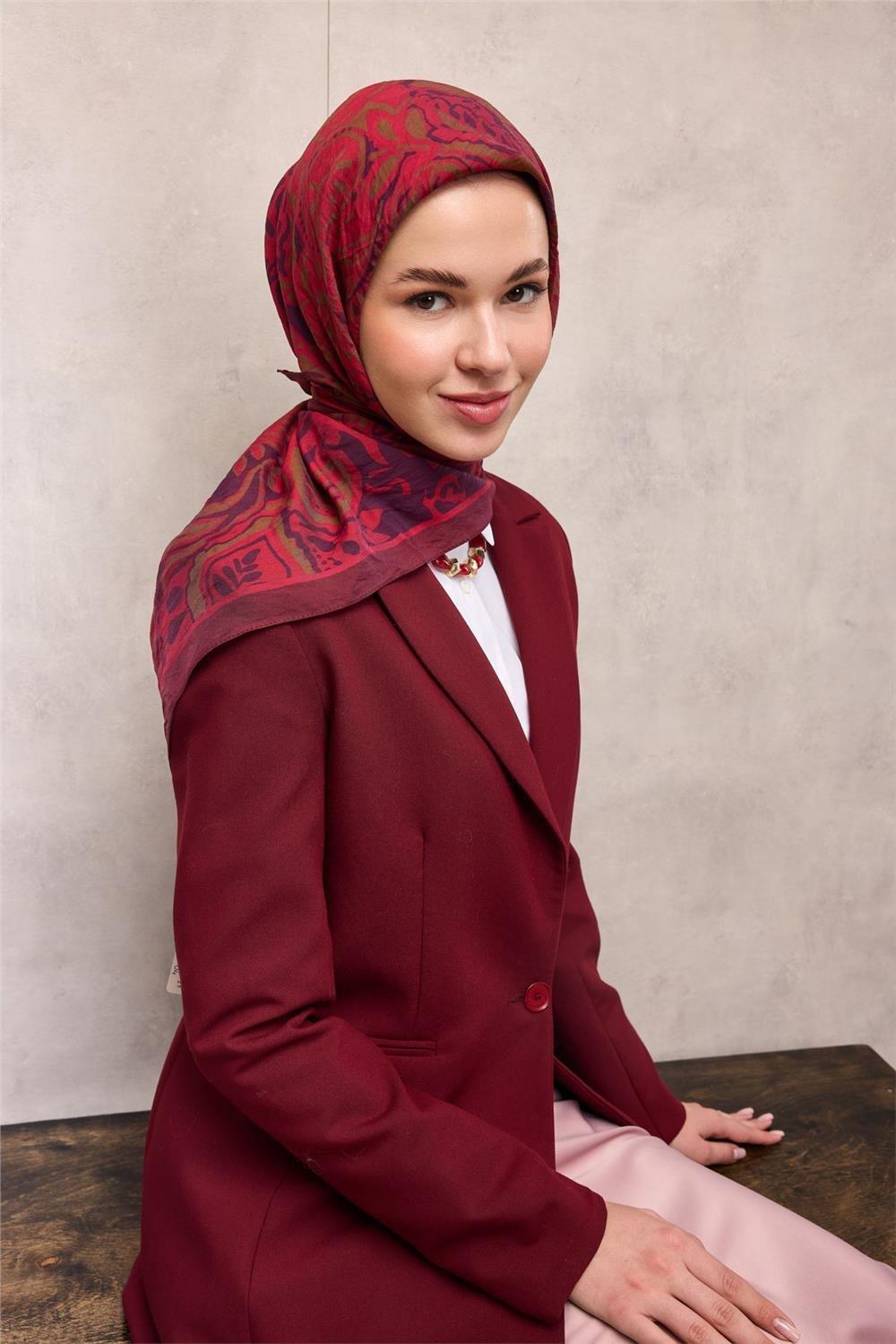 Viskon Velora Eşarp Dört Mevsim Antik Desen Mürdüm 90x90