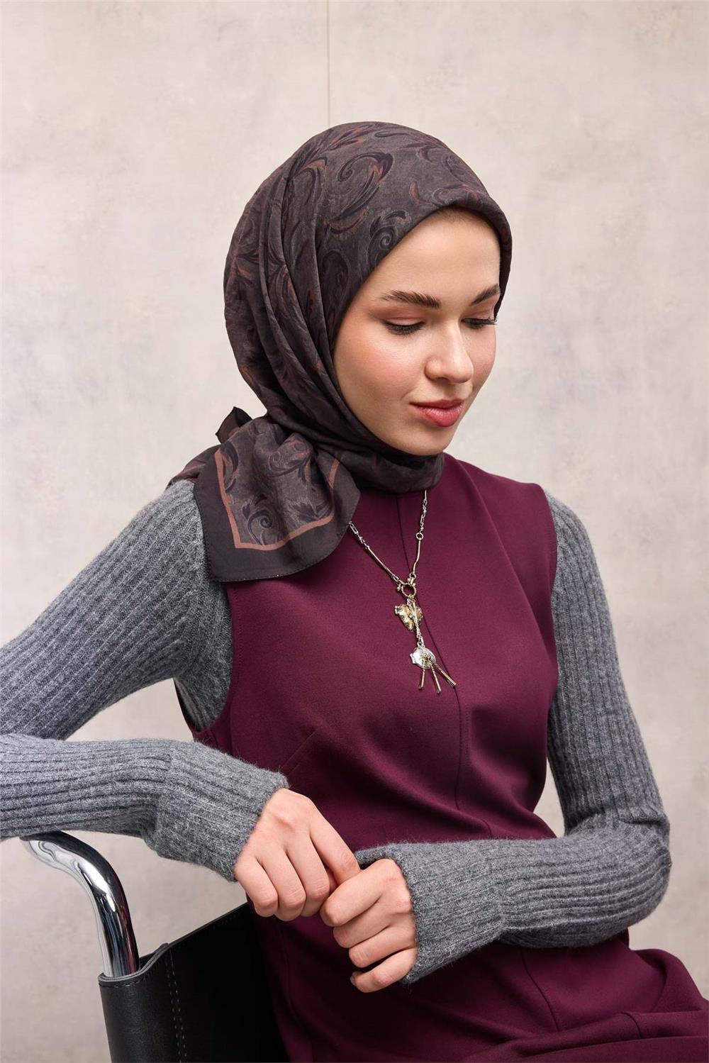 Viskon Velora Eşarp Espresso Tonlu Barok Floral Desenli Tok Duruşlu 90x90