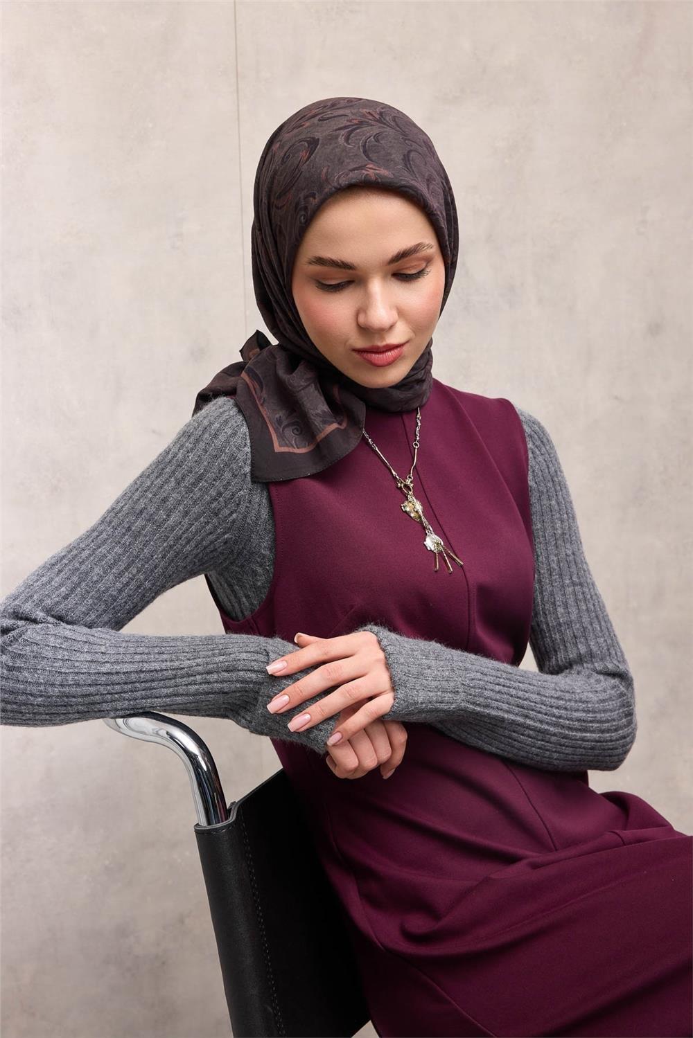 Viskon Velora Eşarp Espresso Tonlu Barok Floral Desenli Tok Duruşlu 90x90