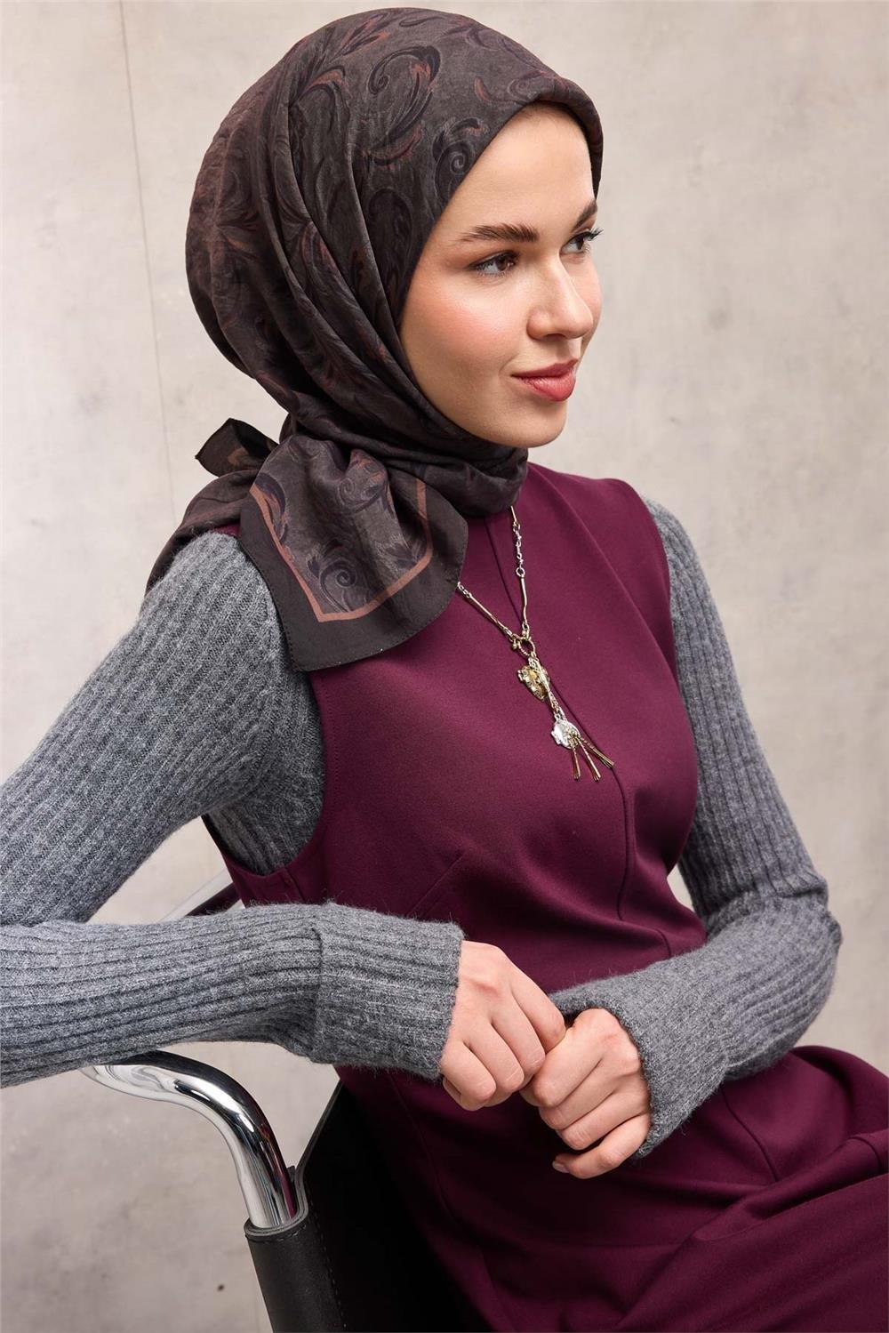 Viskon Velora Eşarp Espresso Tonlu Barok Floral Desenli Tok Duruşlu 90x90