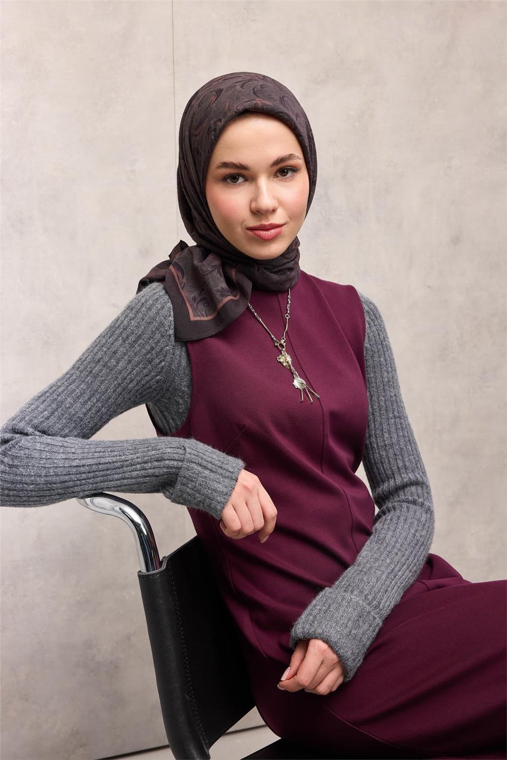 Viskon Velora Eşarp Espresso Tonlu Barok Floral Desenli Tok Duruşlu 90x90