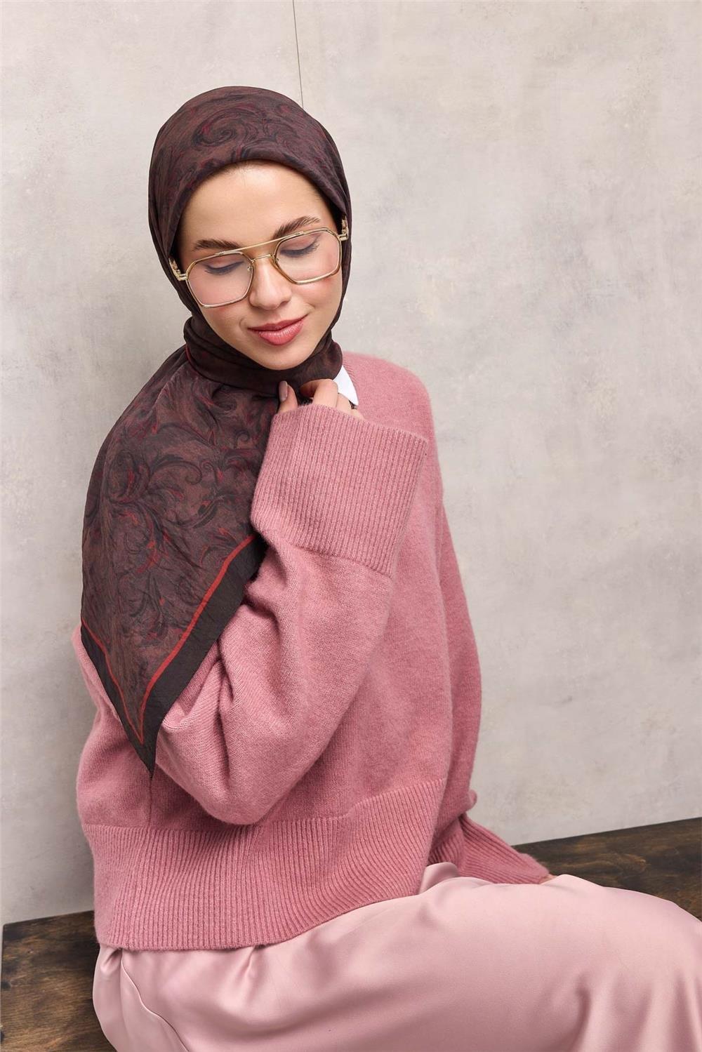 Viskon Velora Eşarp Siyah Tonlu Barok Floral Desenli Tok Duruşlu 90x90