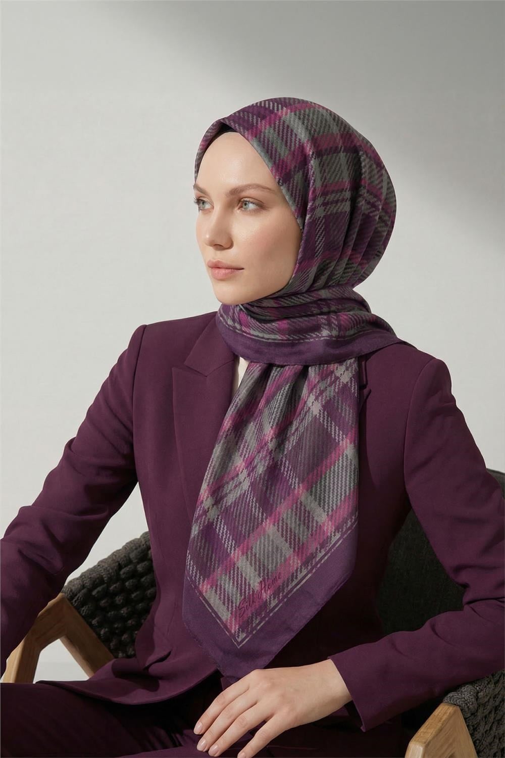 Viskon Velora Eşarp Dört Mevsim Ekose Desen Mor 90X90