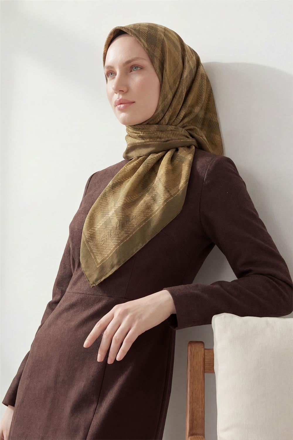 Viskon Velora Eşarp Ekose Desenli Hardal Tok Duruşlu Dört Mevsim 90x90