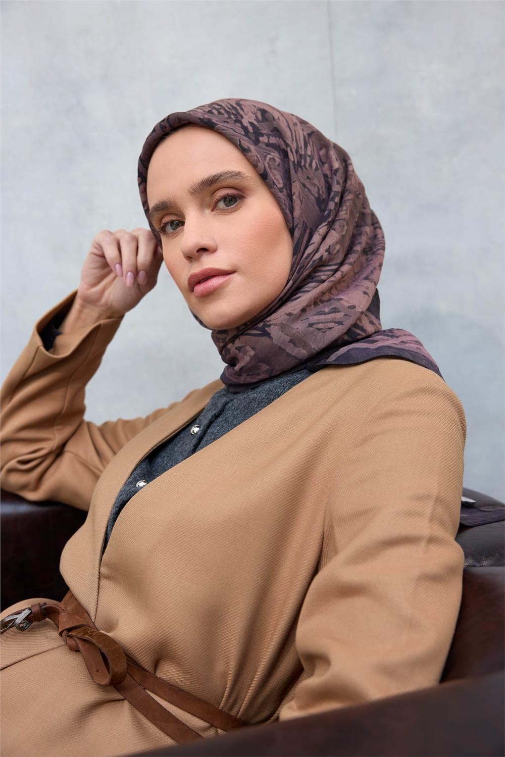 Viskon Velora Eşarp Dört Mevsim Karma Desen Antrasit Füme 90X90