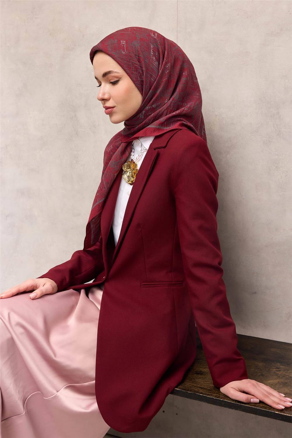 Viskon Velora Eşarp Vişne Labirent Desenli Tok Duruşlu Kaymaz 90x90