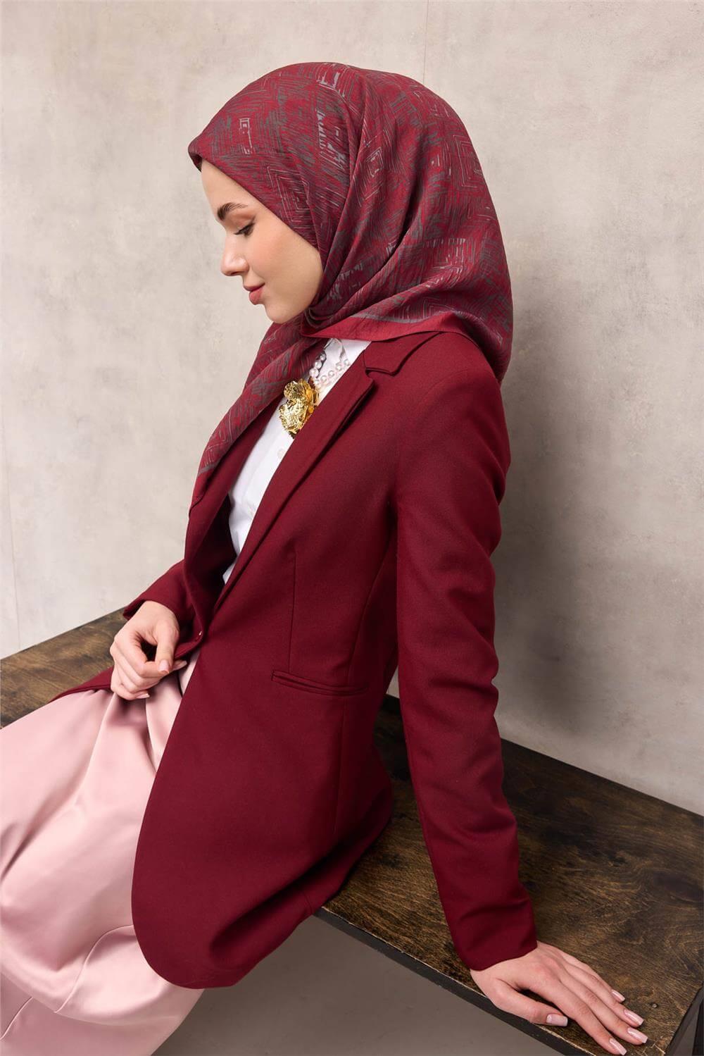 Viskon Velora Eşarp Vişne Labirent Desenli Tok Duruşlu Kaymaz 90x90